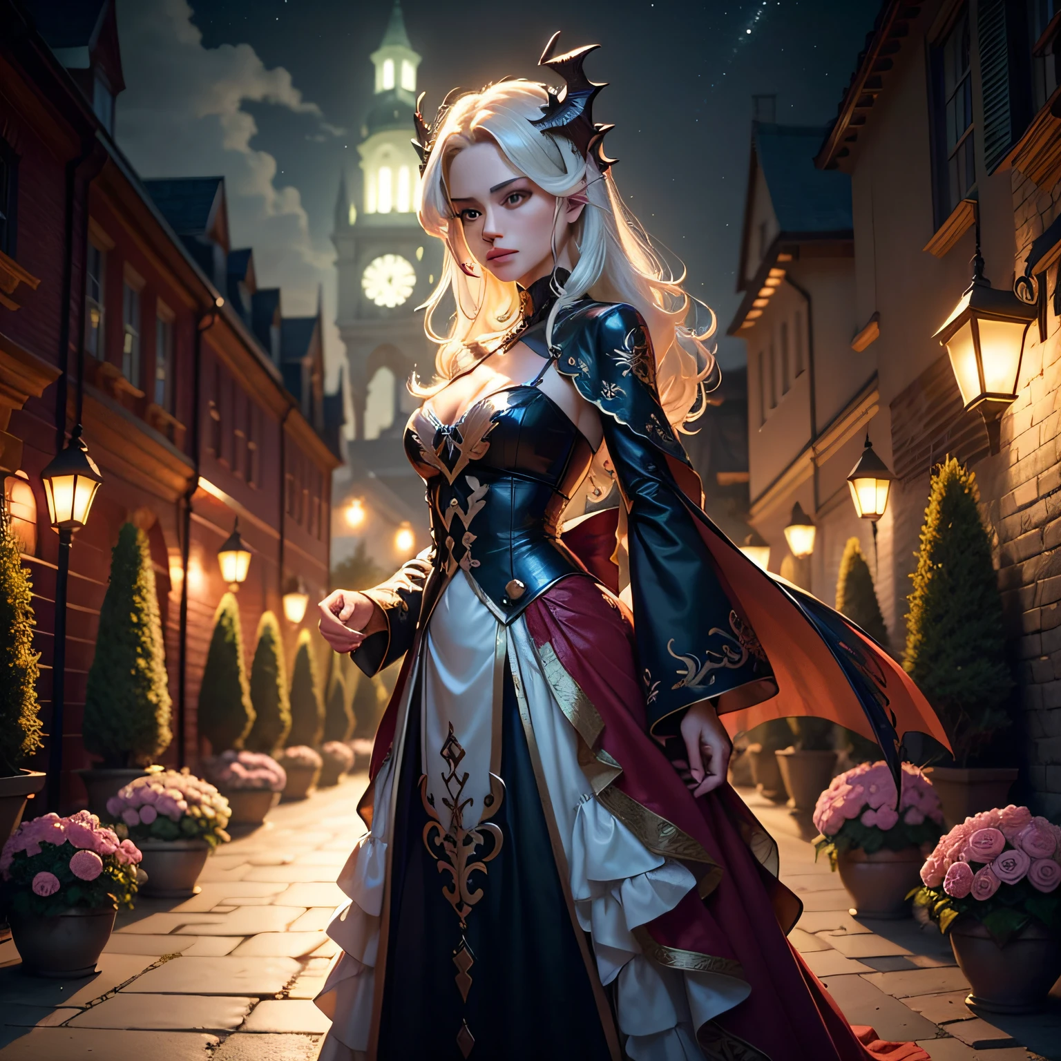 A magical night garden with roses is the setting for a grown woman, cabelos longos brancos vestindo roupas brancas e douradas com olhos azuis. The magic of a dragon of light adds a fantastic touch. --auto