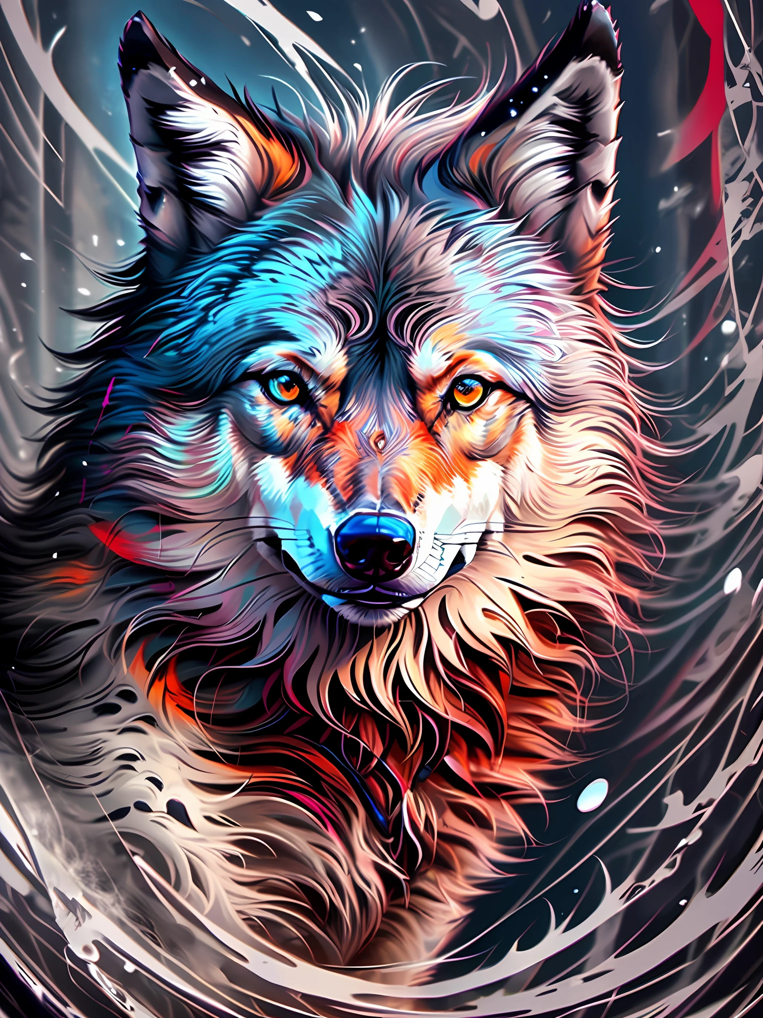 There's a wolf looking at the camera, Highly detailed graffiti, in style of digital illustration, digital painting highly detailed, digital art. highly detailed, high quality digital painting, highly detailed digital art, Digital painting style