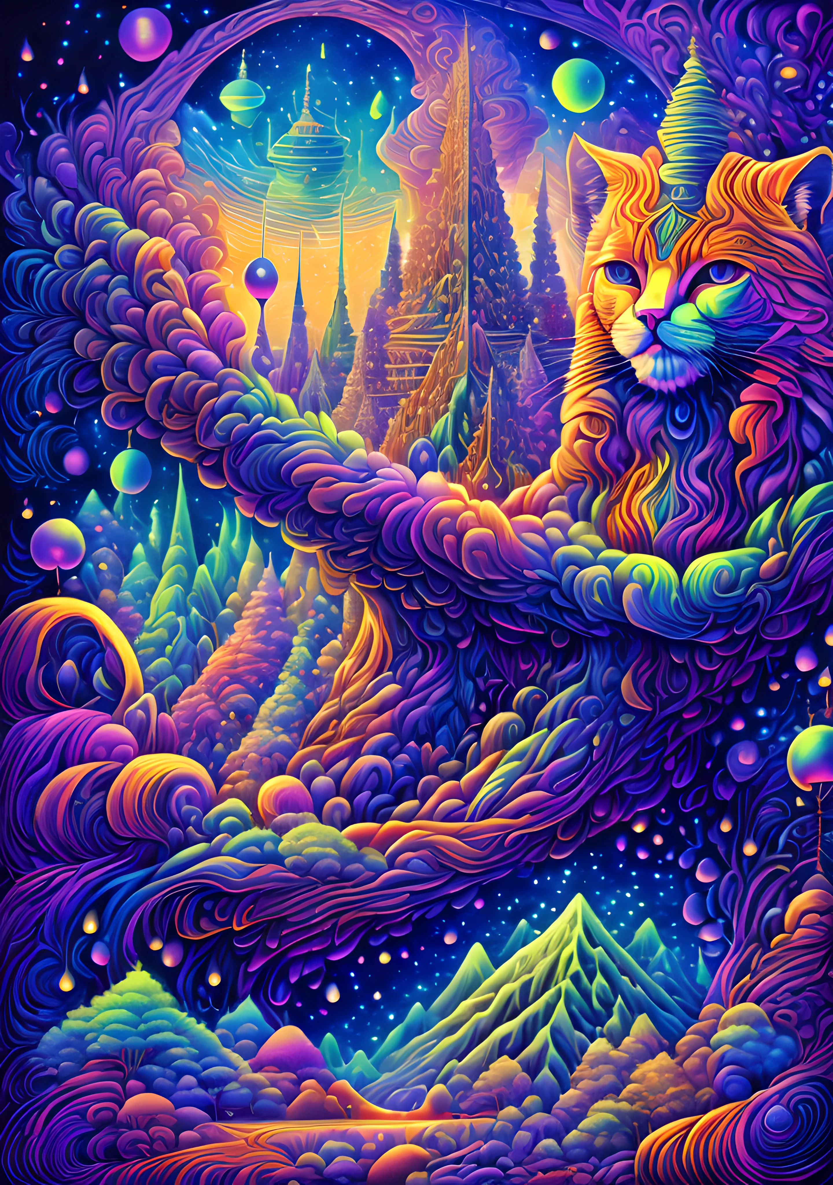 masterpiece, beautiful psychedelic entropy,best surreal masterpiece, top quality, best quality, official art, beautiful and aesthetic:1.2) , green skin godess and god standing on top of a mountain top holding eachother ,whole body and legs,below are a eguptian cat and sphinx,stars and galaxies in the background ,extreme detailed,colorful,highest detailed, official art, gold leaf ,glitter art ,unity 8k wallpaper, ultra detailed, beautiful and aesthetic, beautiful,fractal art, mystical and otherworldly, with intricate fur and piercing eyes, in the breathtaking mountain landscape of NCWinters ,alex grey ,psychedelic, dmt PsyAI