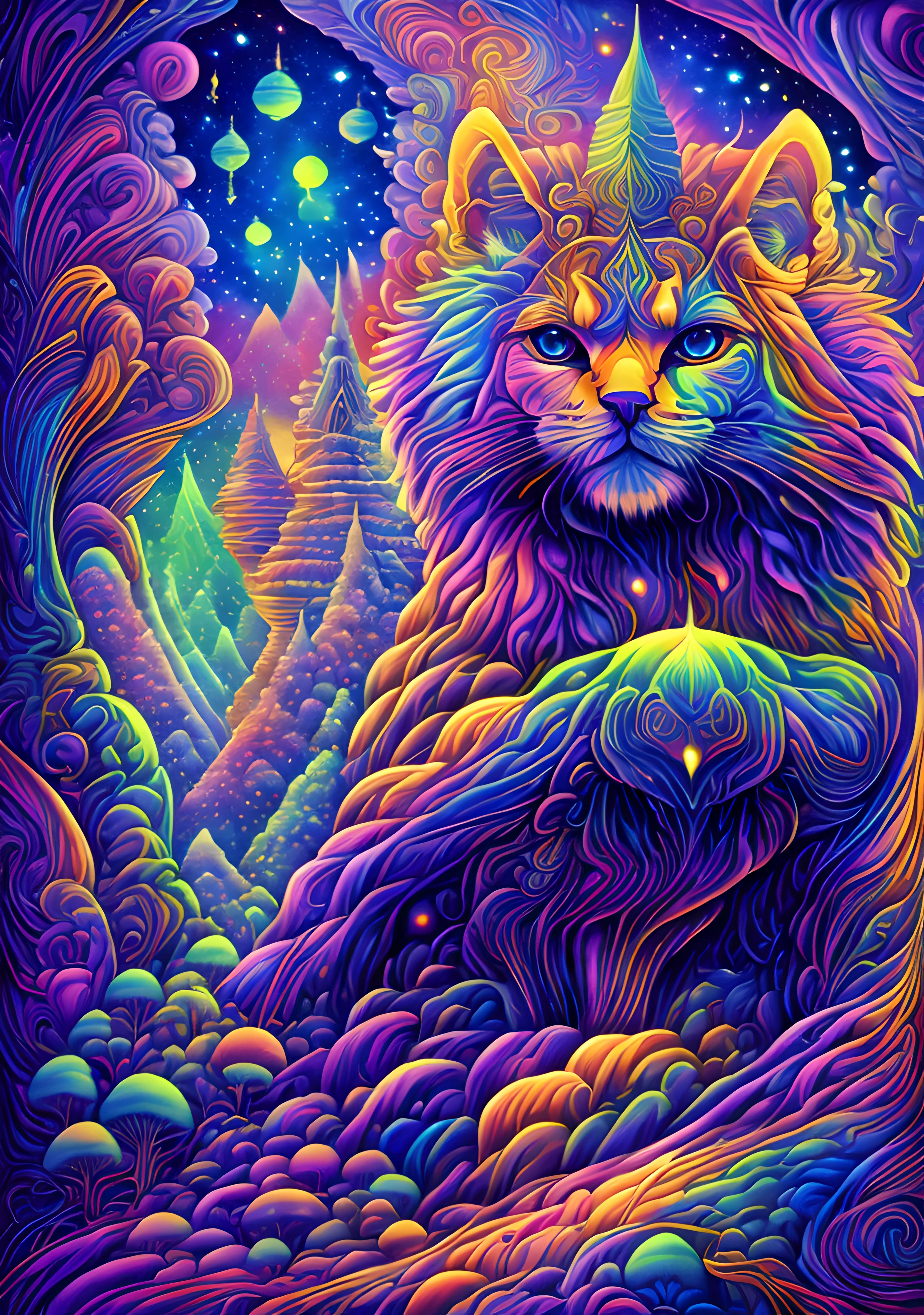 masterpiece, beautiful psychedelic entropy,best surreal masterpiece, top quality, best quality, official art, beautiful and aesthetic:1.2) , green skin godess and god standing on top of a mountain top holding eachother ,whole body and legs,below are a eguptian cat and sphinx,stars and galaxies in the background ,extreme detailed,colorful,highest detailed, official art, gold leaf ,glitter art ,unity 8k wallpaper, ultra detailed, beautiful and aesthetic, beautiful,fractal art, mystical and otherworldly, with intricate fur and piercing eyes, in the breathtaking mountain landscape of NCWinters ,alex grey ,psychedelic, dmt PsyAI