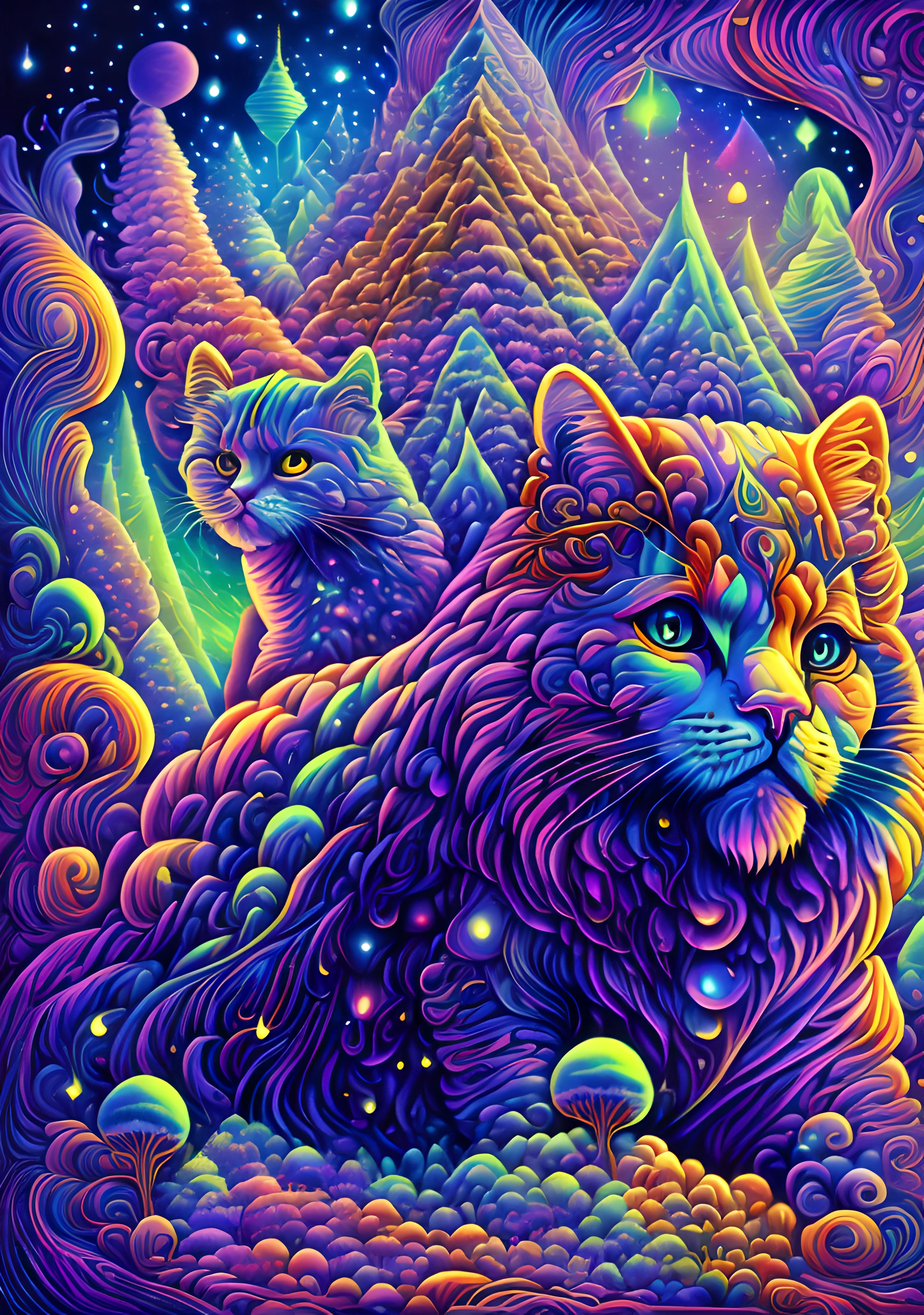 masterpiece, beautiful psychedelic entropy,best surreal masterpiece, top quality, best quality, official art, beautiful and aesthetic:1.2) , green skin godess and god standing on top of a mountain top holding eachother ,whole body and legs,below are a eguptian cat and sphinx,stars and galaxies in the background ,extreme detailed,colorful,highest detailed, official art, gold leaf ,glitter art ,unity 8k wallpaper, ultra detailed, beautiful and aesthetic, beautiful,fractal art, mystical and otherworldly, with intricate fur and piercing eyes, in the breathtaking mountain landscape of NCWinters ,alex grey ,psychedelic, dmt PsyAI