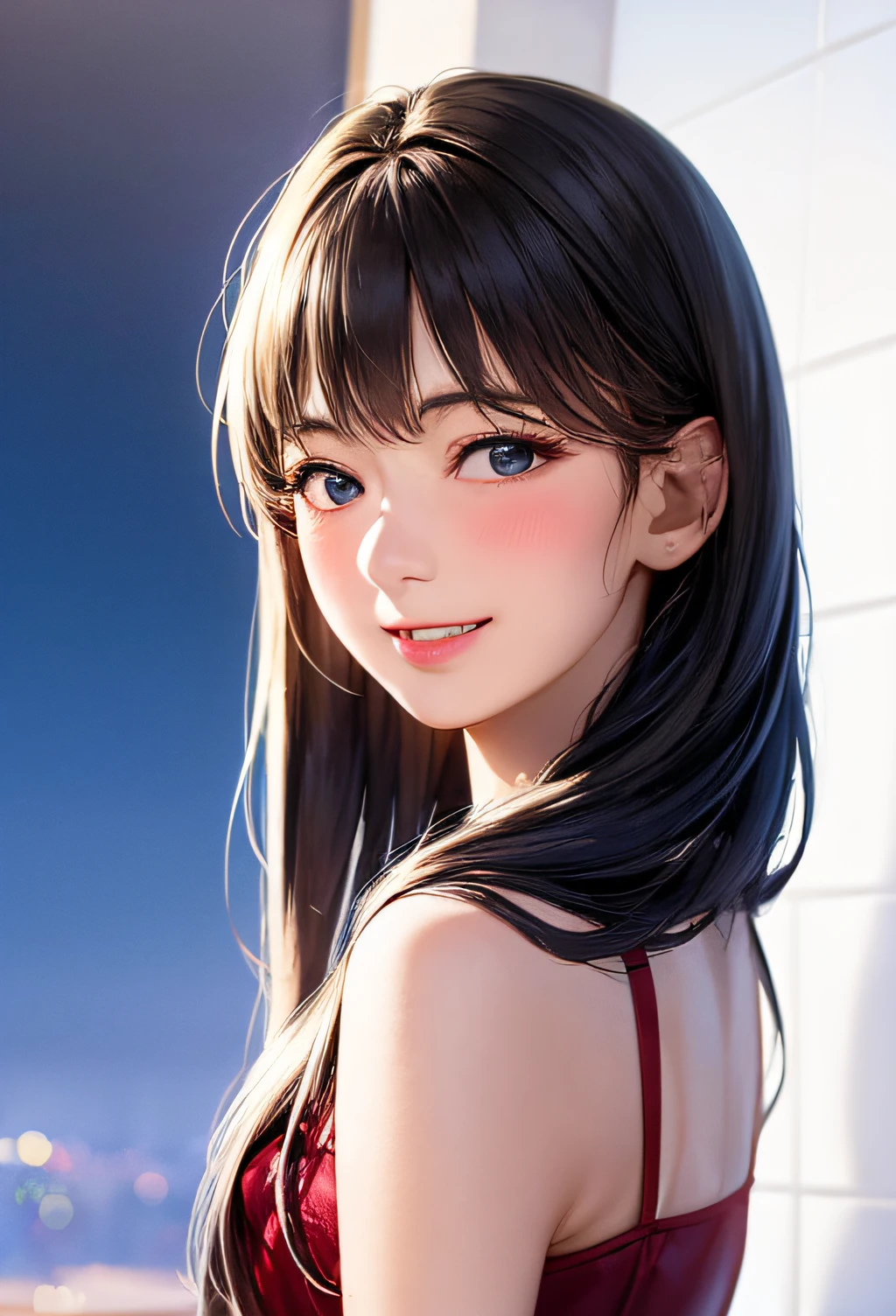 (8k, top quality, masterpiece: 1.2), (realistic, photorealistic: 1.37), super detailed, girl single, cute, solo, midnight, beautiful detailed sky, detailed café, sitting, date, (blush), (smile: 1.15), small breasts (mouth closed), beautiful fine eyes, floating hair NovaFrogStyle, back open dress