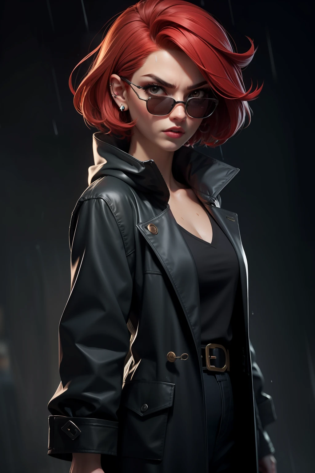 sunglasses, furious, very short hair, cowboy shot, best quality, women, solo, red hair, piercing, two-tone hair, parted lips, black eyes, lips, gothic, mole, raincoat, rain