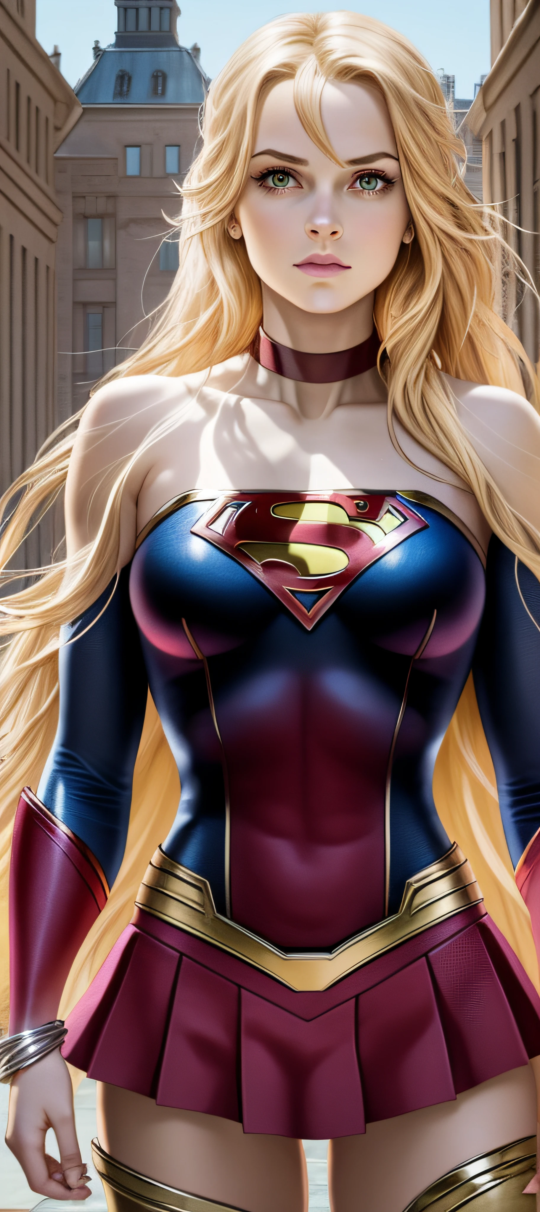 "Supergirl's masterpiece of art complete, high quality, ultra detailed in 4k, 8k, high resolution, hyper-realistic photo, hyper-detailed, realistic skin texture, amazing shadows, extremely detailed texture, perfect lighting, high-level image quality." A female superheroine, inspired by x-man, Fair skin, blond hair, outlined eyes, outlined face, bracelet, Full body, Nice super hero clothes, in the florest, outside a mansion, symbol S of superman.