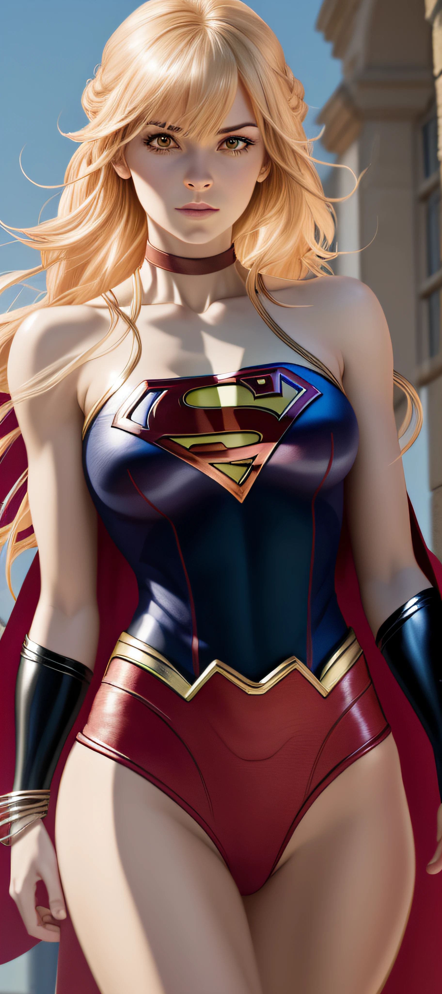 "Supergirl's masterpiece of art complete, high quality, ultra detailed in 4k, 8k, high resolution, hyper-realistic photo, hyper-detailed, realistic skin texture, amazing shadows, extremely detailed texture, perfect lighting, high-level image quality." A female superheroine, inspired by x-man, Fair skin, blond hair, outlined eyes, outlined face, bracelet, Full body, Nice super hero clothes, in the florest, outside a mansion, symbol S of superman.