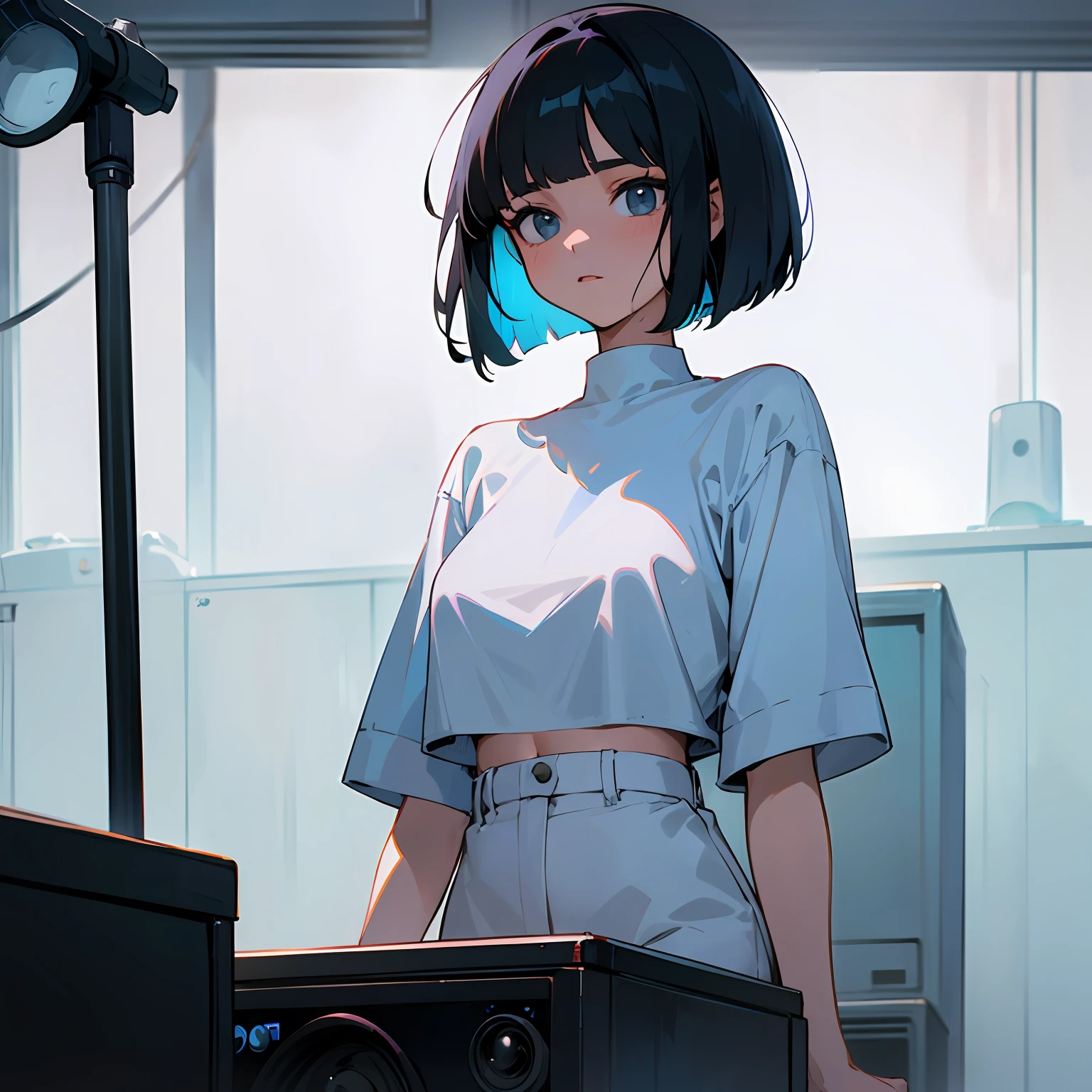 a girl drawn in the style of an old anime sits in a white room.
The girl has black hair, bob haircut.
The girl is wearing a white top.
there is a fan and large music speakers nearby --auto