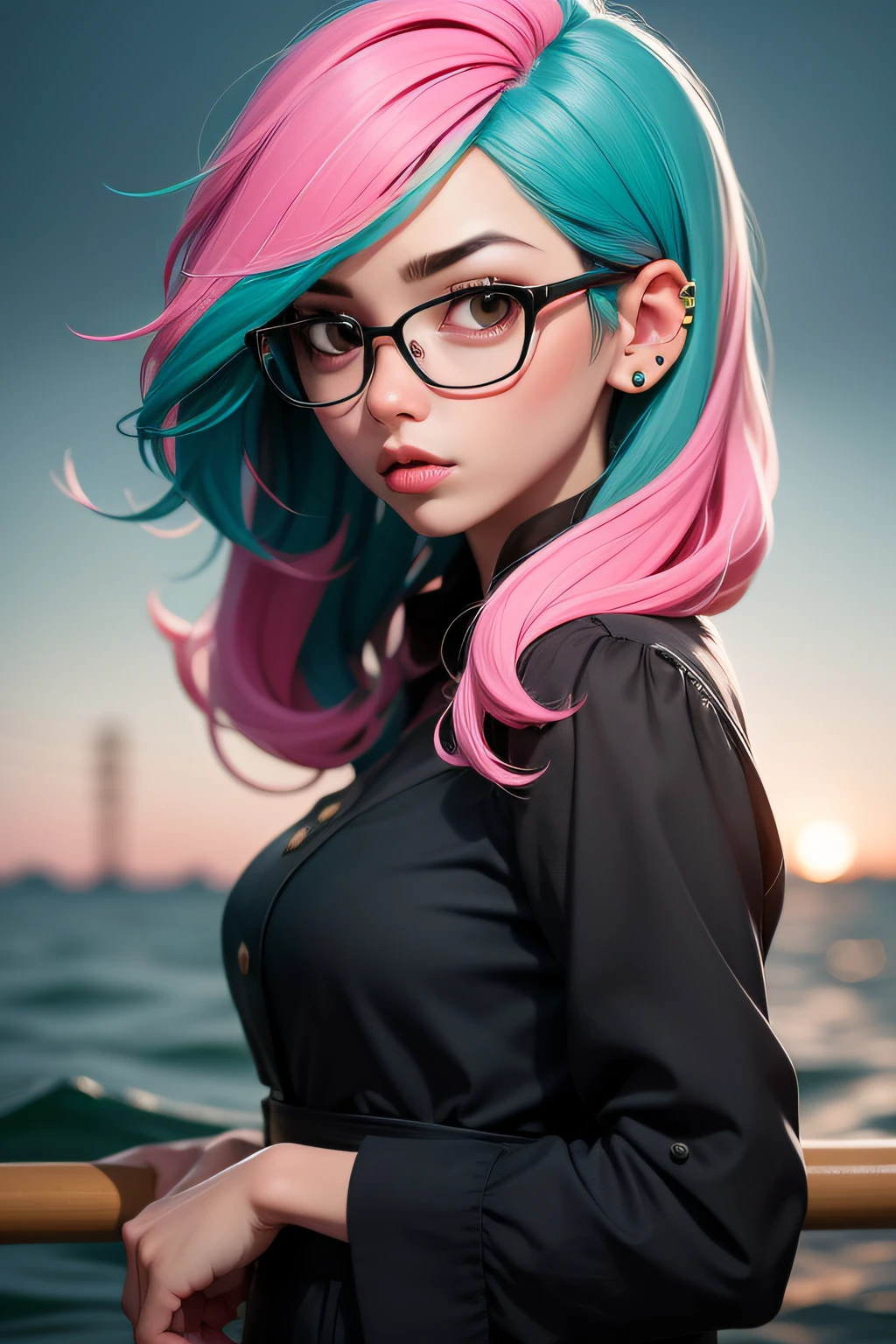 on the water, light green hair, glasses, furious, hime cut, cowboy shot, best quality, women, solo, black hair, pink hair, piercing, two-tone hair, parted lips, black eyes, lips, gothic, mole, blouse, sunny, morning, tokyo