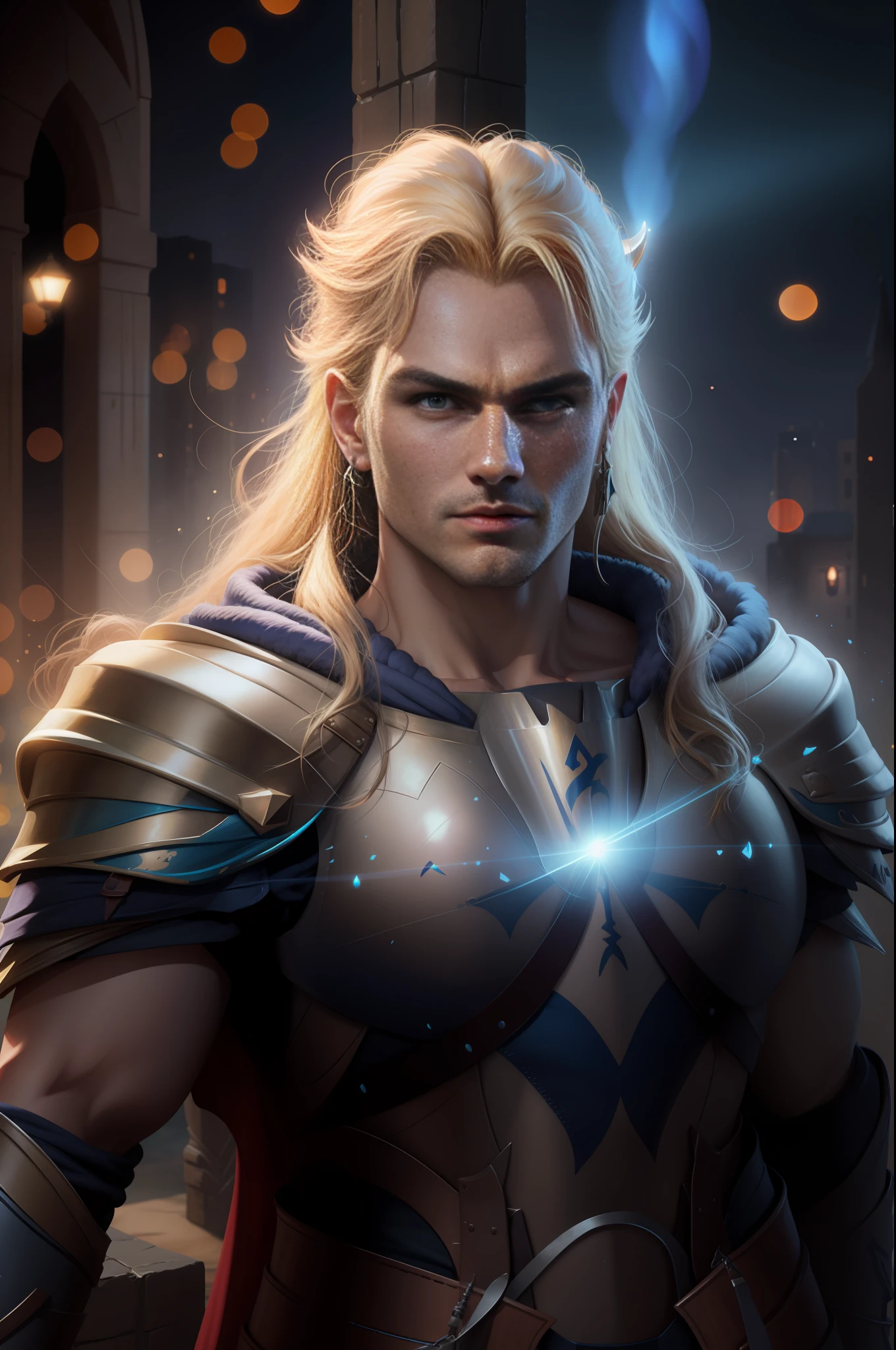 um close up de um homem com uma espada e armadura, Arthas, Asgardiano, Arthas Menethil, 8K Artgerm Bokeh, 3 d render arte do caractere 8 k, elvish blonde male warrior, Henry Cavill como Arthas Menethil, estilo fantasia 8 k octane render, Epic Fantasy Digital Art Style, O melhor da artstation