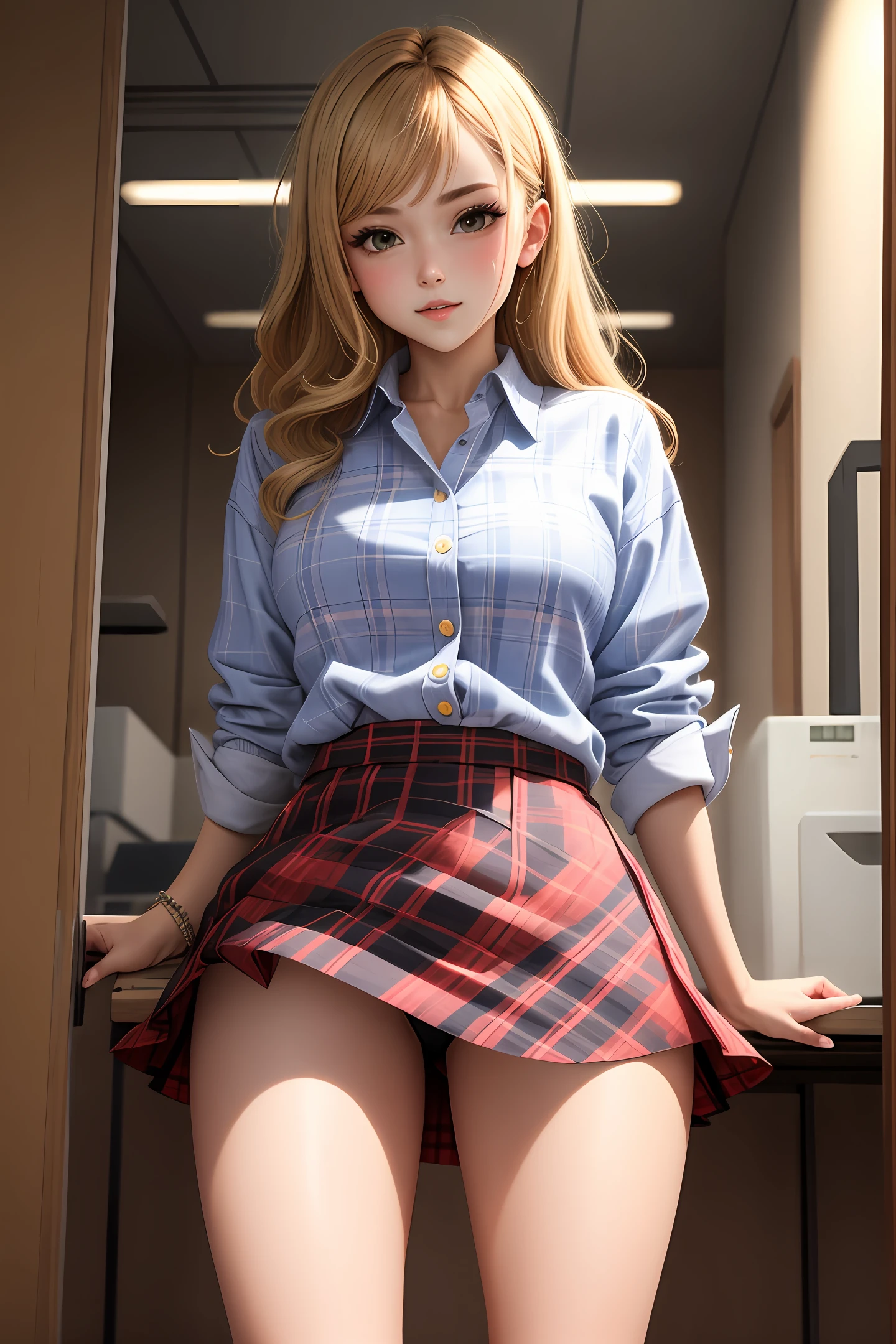 one-girl,Plaid shirt,Superskirt,spread thighs