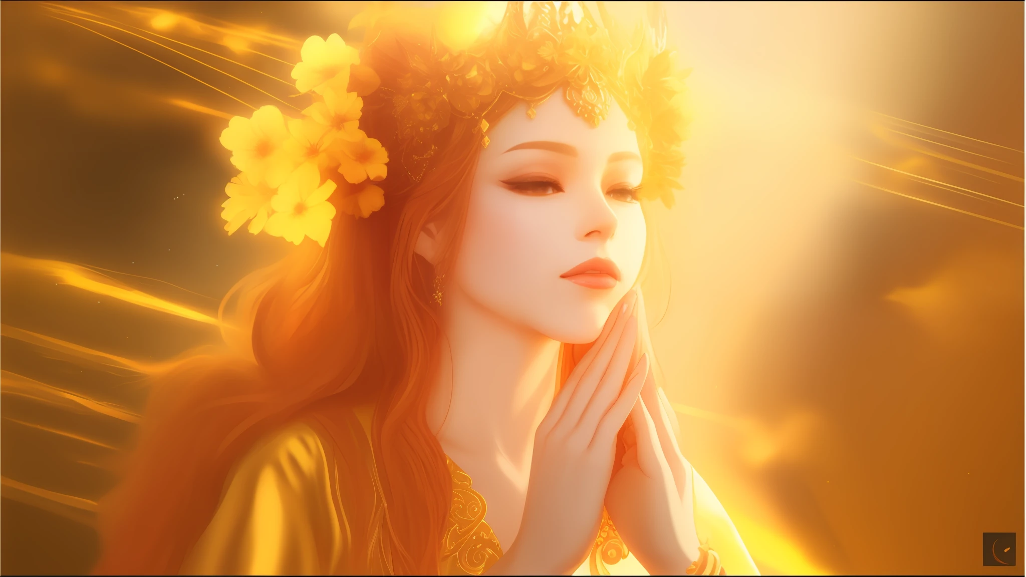 uma mulher com uma coroa de flores no cabelo rezando, como a deusa do sol, Deusa do Sol, ((uma bela imperatriz fantasia)), orange yellow ethereal, gold ethereal light, irradiando luz dourada, Deusa do outono, deusa bonita, wearing a golden halo, uma bela imperatriz fantasia, golden halo behind her head, holy flame crown spell, Aura dourada --auto