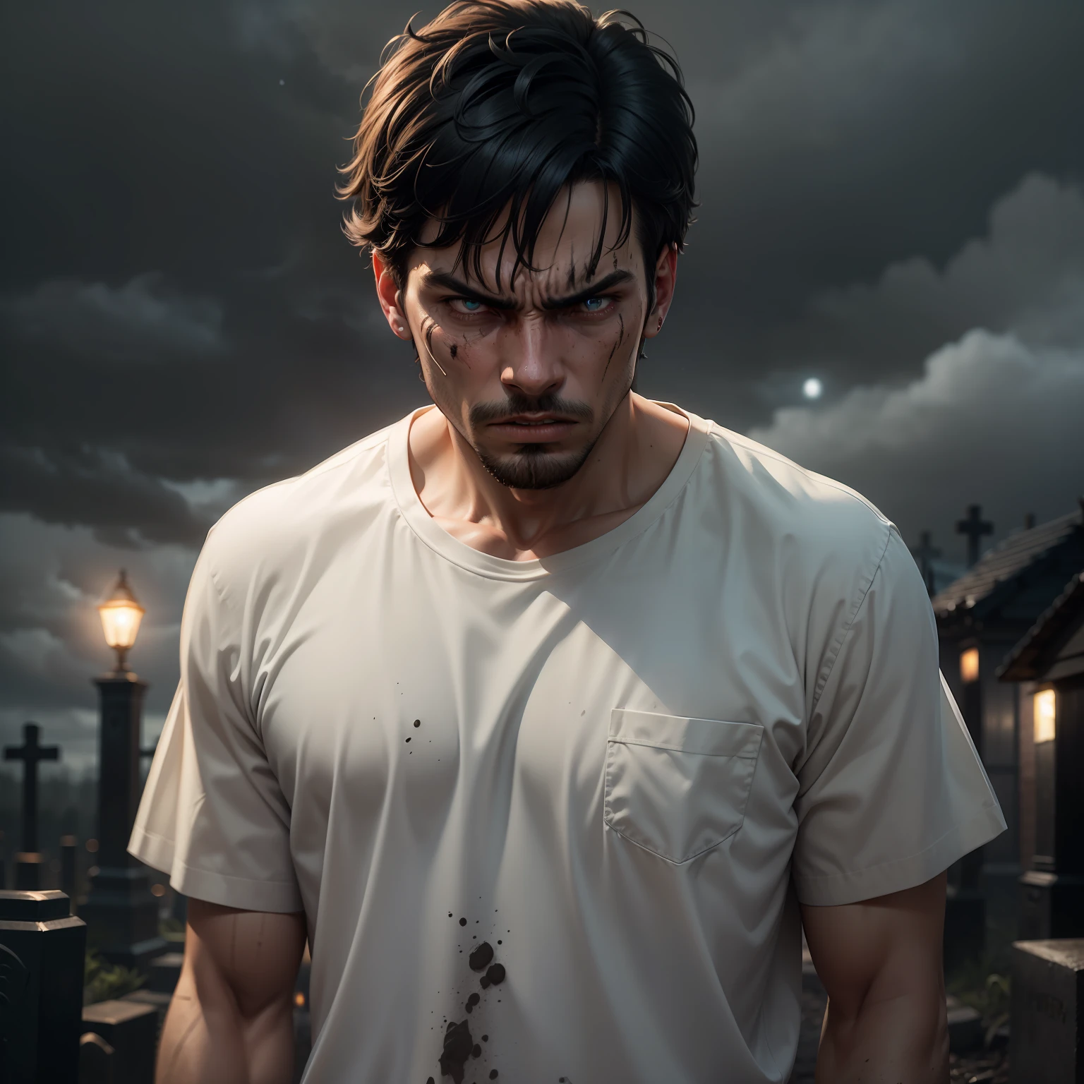 ultra realistic and extremely detailed image of a man with short black hair, dirty dirt and angry face, simple white shirt and dirty dirt, in a dark night cemetery, night sky with heavy clouds, ominous night