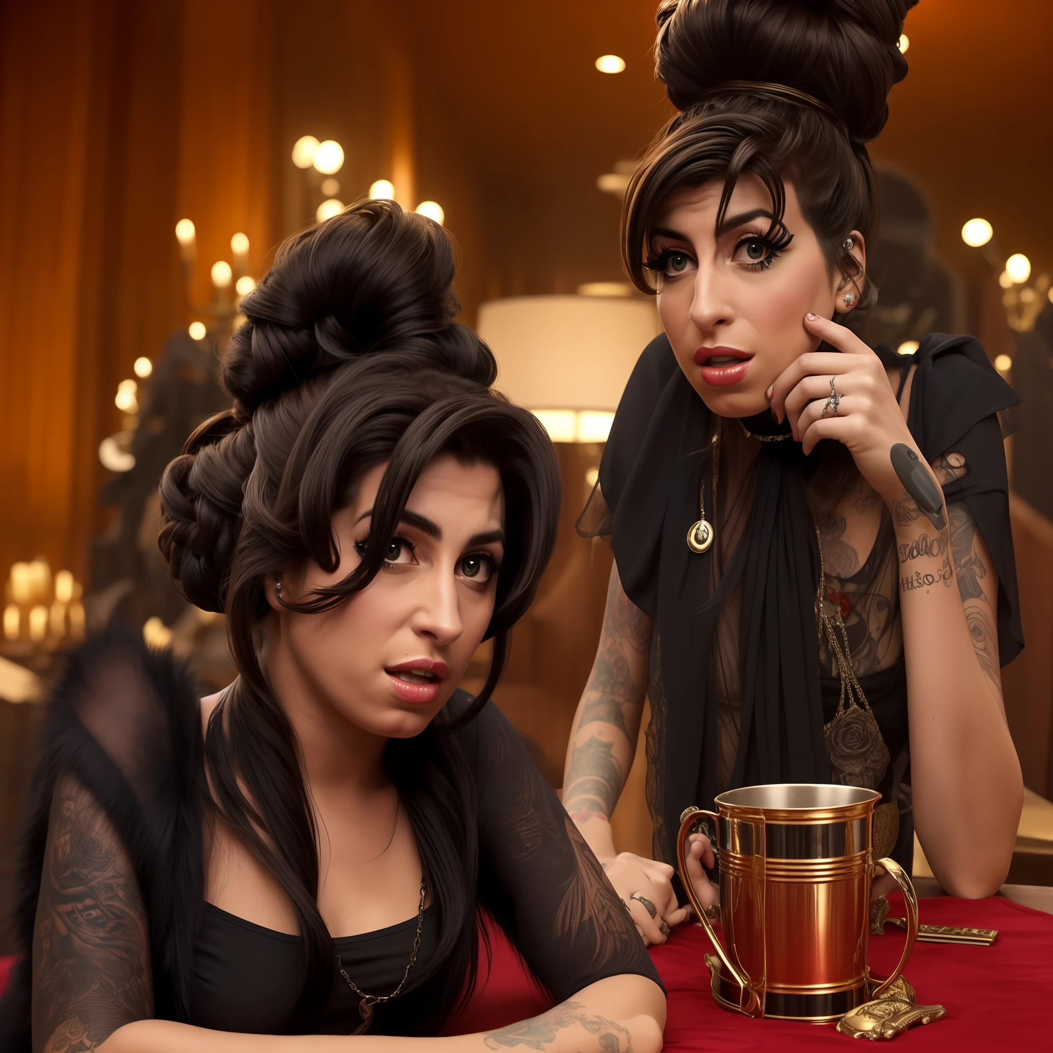 Famosa cantora amy winehouse, com olhar cativante segurando uma garrafa, (solo1:2)