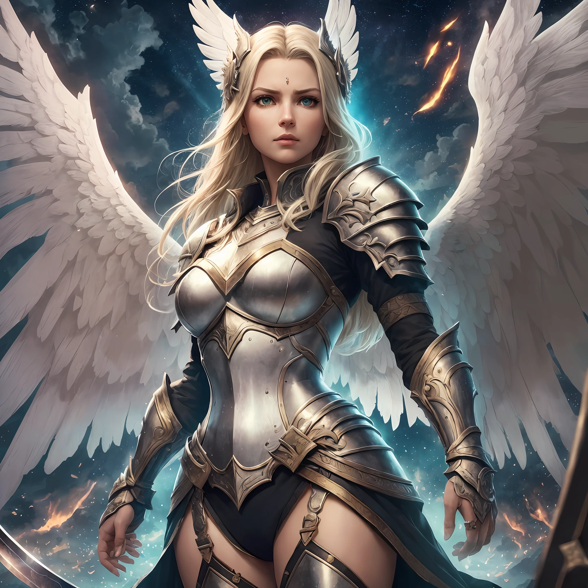 8k, ultra detailed, masterpiece, best quality, (extremely detailed), arafed, dnd art, panoramic view, full body, aasimar, female, (Masterpiece 1.3, intense details), female, paladin, holy warrior fighting vampire (Masterpiece 1.3, intense details) large angelic wings, white angelic wings spread (Masterpiece 1.3, intense details), fantasy temple background (Masterpiece 1.5, intense details), moon light, moon, stars, clouds, wearing white armor (Masterpiece 1.3, intense details), holy symbol, armed with sword, blond hair, green eyes, intense eyes, feminine, detailed face, (Masterpiece 1.5, best quality), anatomically correct (Masterpiece 1.3, intense details), determined face, god rays, cinematic lighting, soft light, silhouette, from outside, photorealism, panoramic view (Masterpiece 1.3, intense details) , Wide-Angle, Ultra-Wide Angle, 8k, highres, best quality, high details