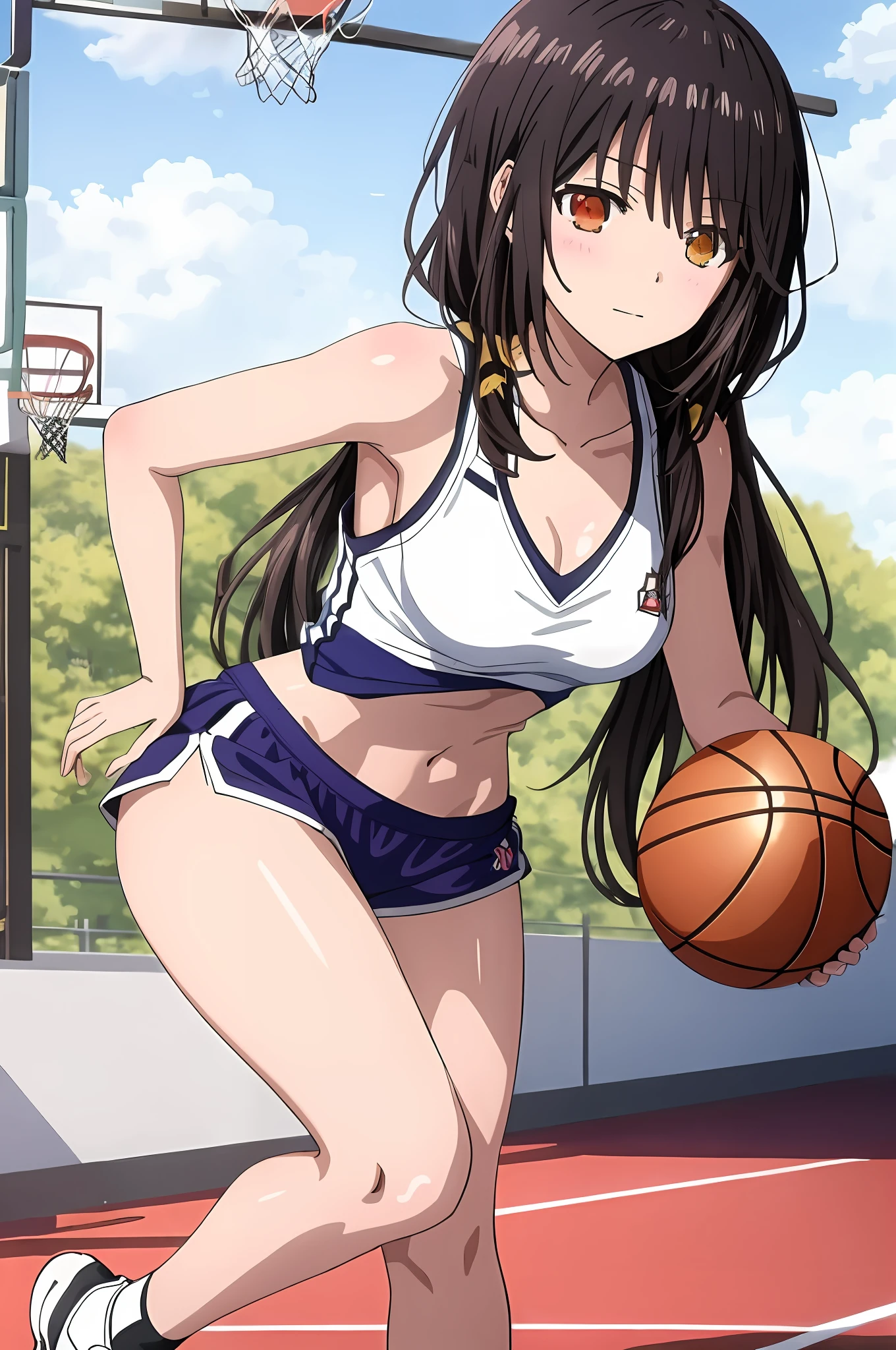 Tokisaki kurumi in a sports bra top holding a basketball, tokisaki kurumi, with black pigtails, anime girl cosplay, wearing basketball jersey, sporty, glamorous tokisaki kurumi, basketball, tokisaki kurumi from date a live, anime style