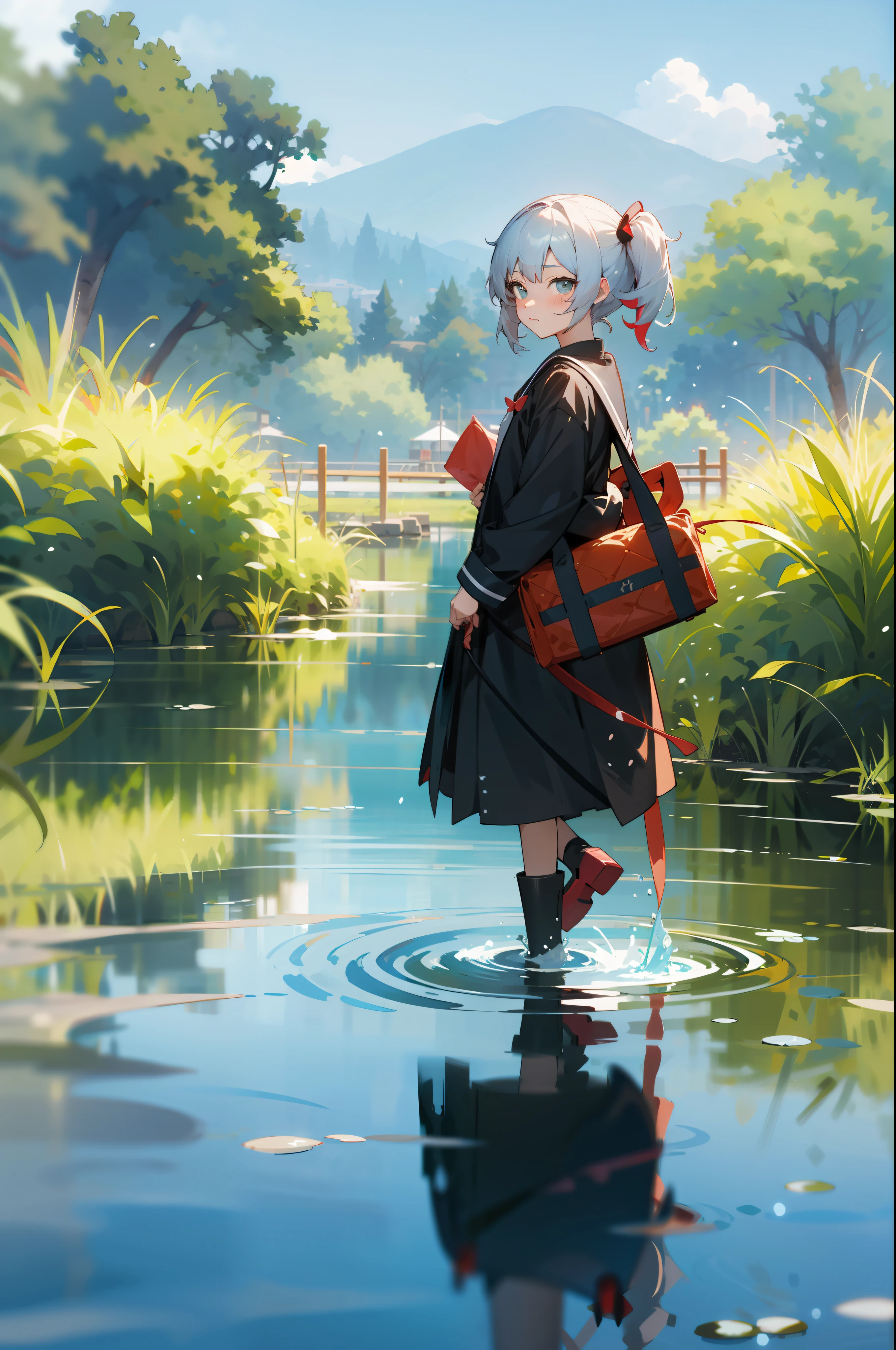 Anime Girl in the Pond, in a pond, Splash art anime ****, Anime girl walking on water, ****, Guweiz in Pixiv ArtStation, Official artwork, minakata, trending on artstation pixiv, Guweiz on ArtStation Pixiv, Kantai collection style, Guviz, In a lake, shikamimi