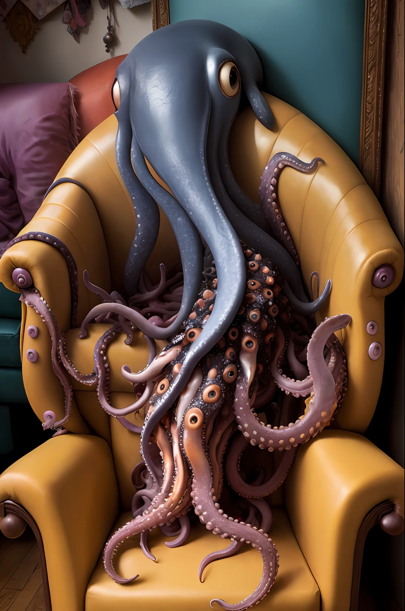 giant octopus lay on old couch, multi many eyes, (fractal tint tentacles:1.3), smooth shiny colorfully skin, lots of stuffed gems and various clutter and mess in background, intricate, highly detailed,
