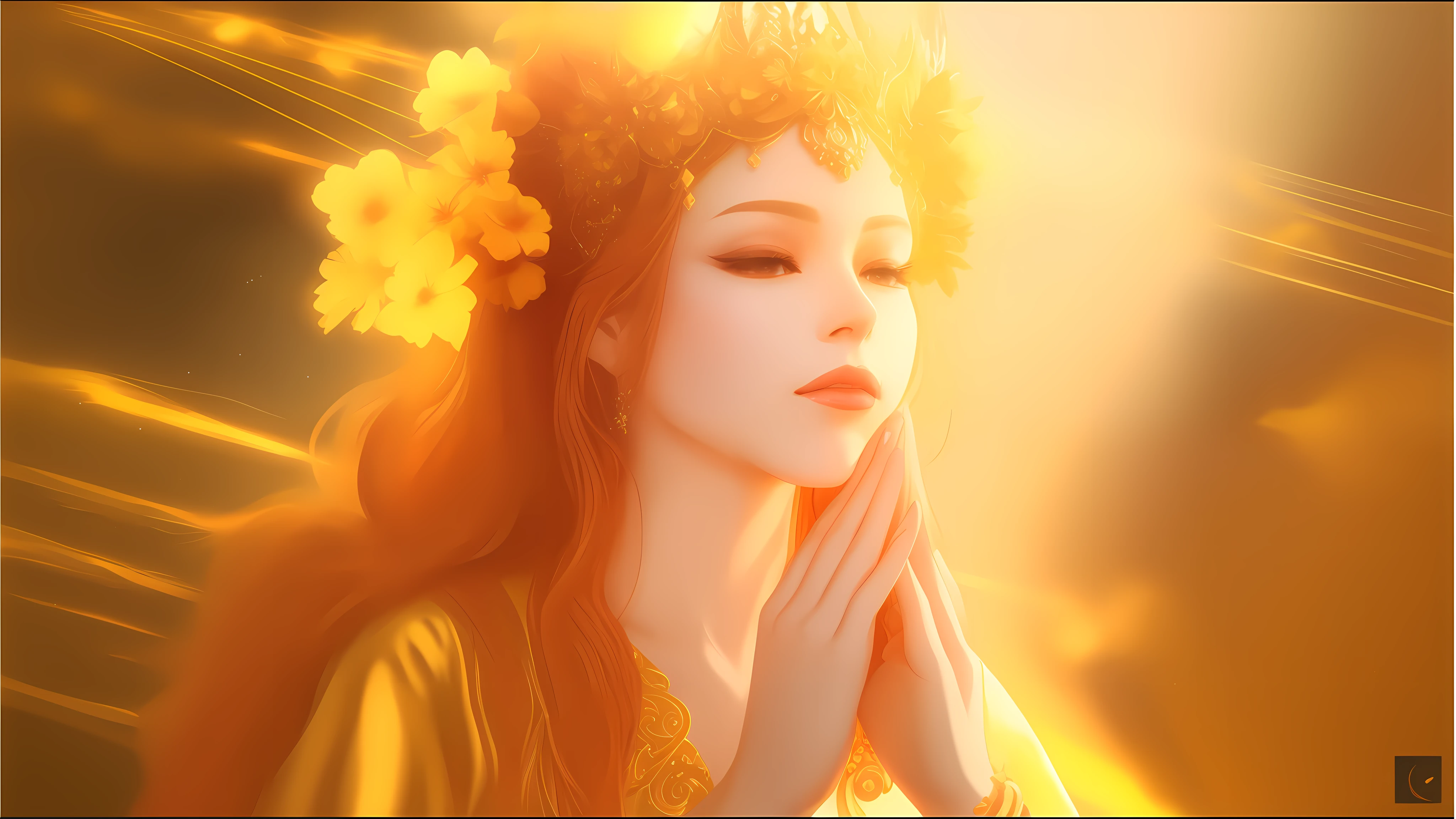 uma mulher com uma coroa de flores no cabelo rezando, como a deusa do sol, Deusa do Sol, ((uma bela imperatriz fantasia)), orange yellow ethereal, gold ethereal light, irradiando luz dourada, Deusa do outono, deusa bonita, wearing a golden halo, uma bela imperatriz fantasia, golden halo behind her head, holy flame crown spell, Aura dourada --auto