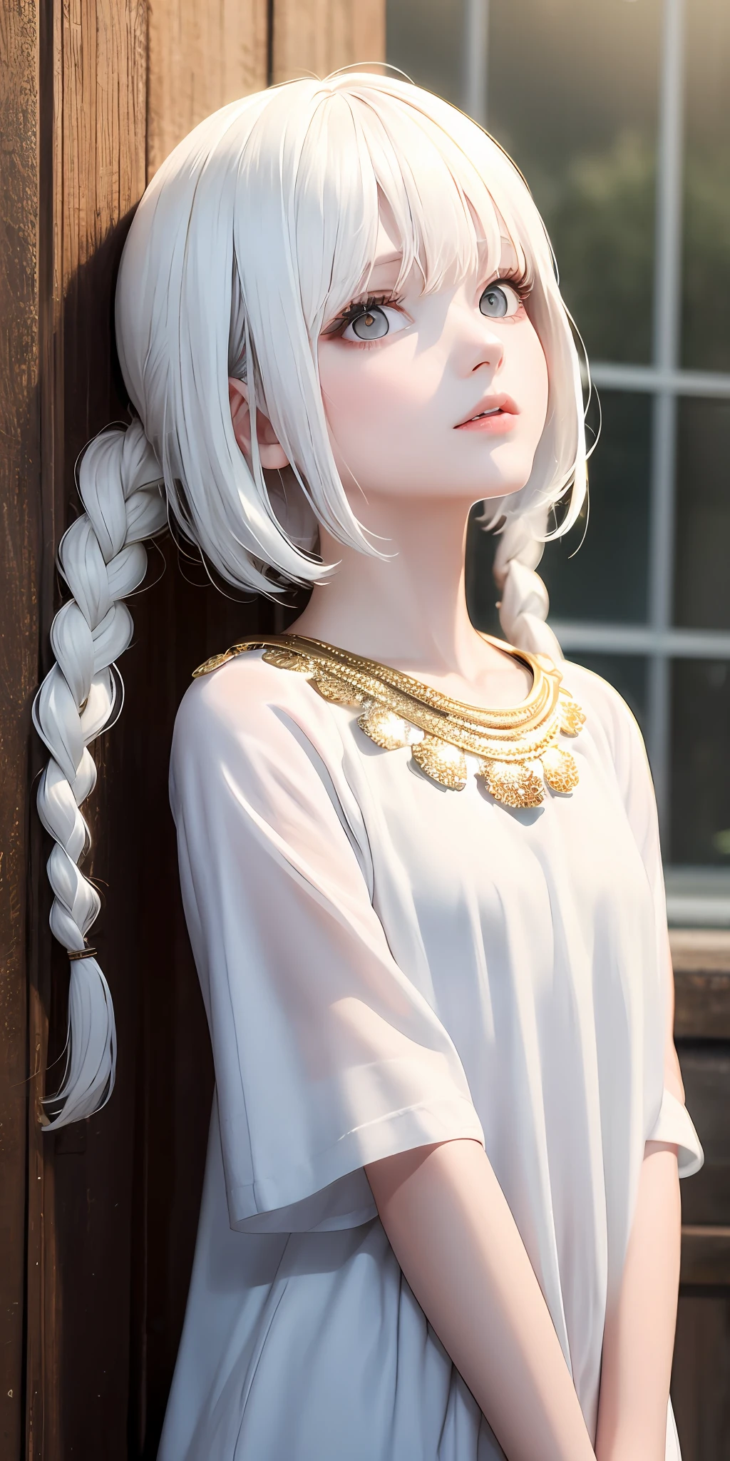 best quality, masterpiece,white hair, gold eyes,white clothes, looking up, upper body,hair strand,Fair skin,side braids