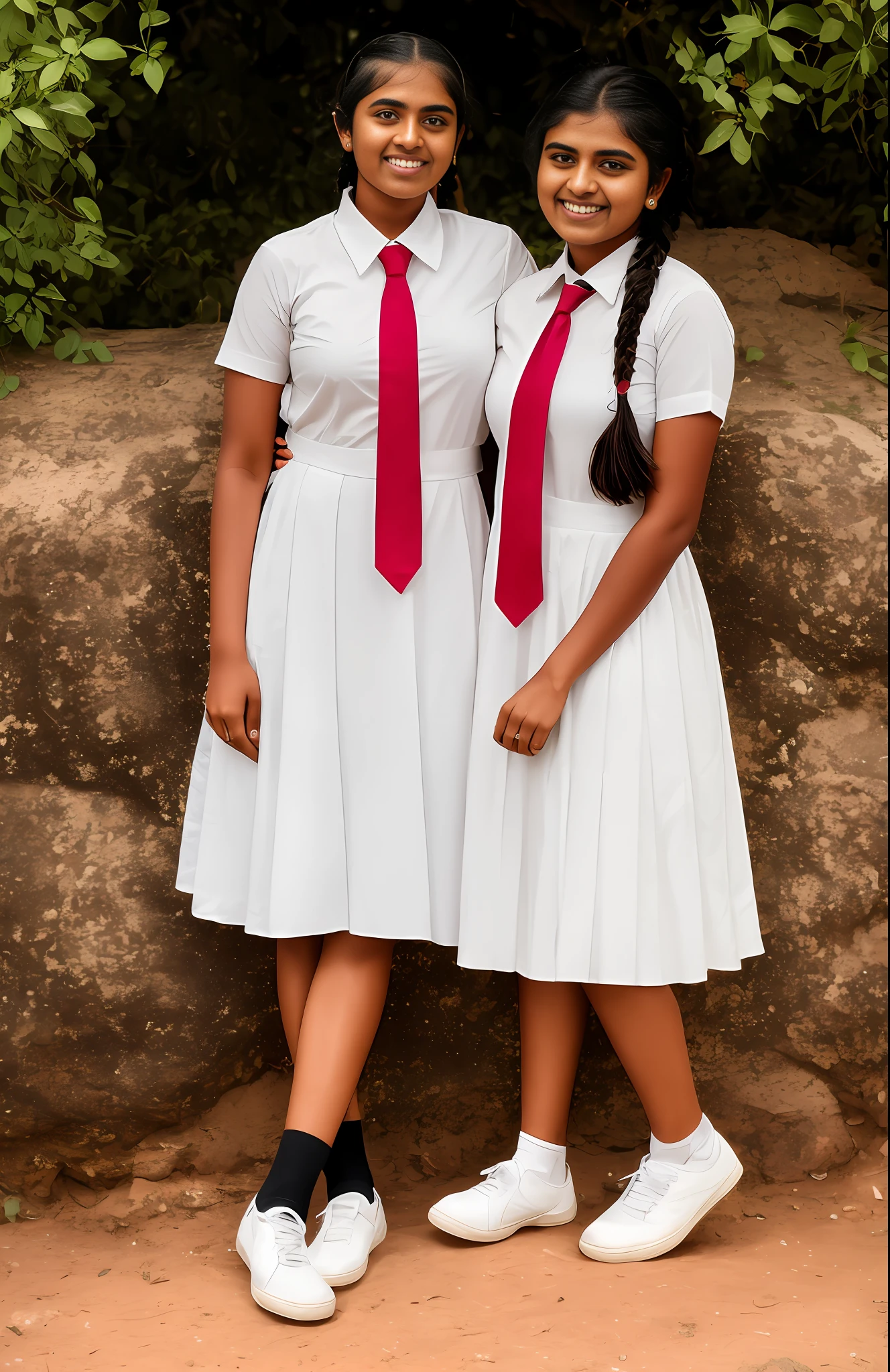 Best Category- "Portrait Photography": "RAW photo of a beautiful cute Sri Lankan school girl, medium breast size , 20 years old, wearing a white frock and a colored tie. She has plaits, black braided long hair, and is wearing white shoes and socks. The photo should capture her full body in a portrait style." ,realistic , hyperrealistic , photorealistic , hd ,realistic , natural skin, 8k uhd, high quality, film grain, Fujifilm XT3