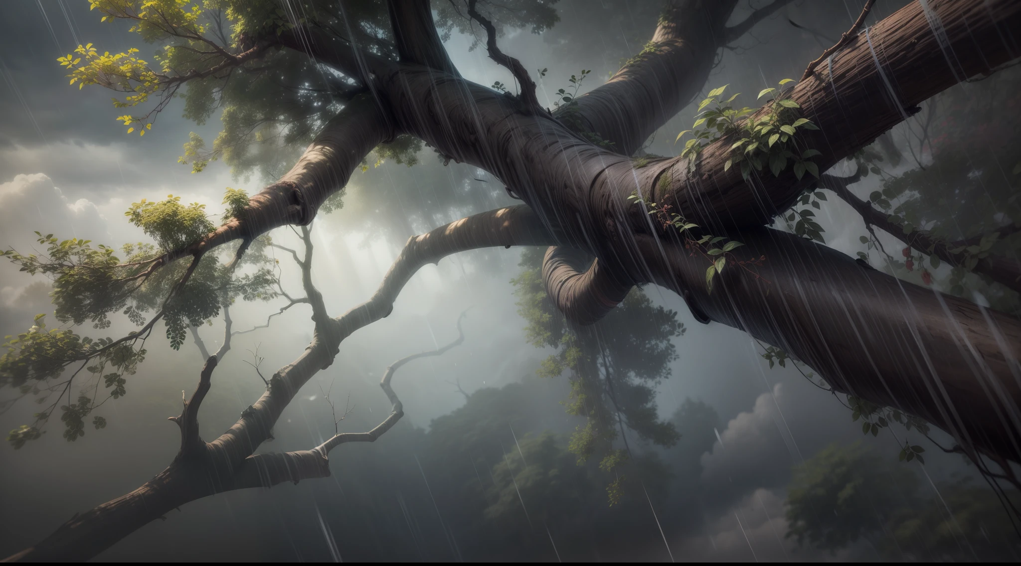 strong wind swinging the branches of the tree, gotas de chuva, tempestade