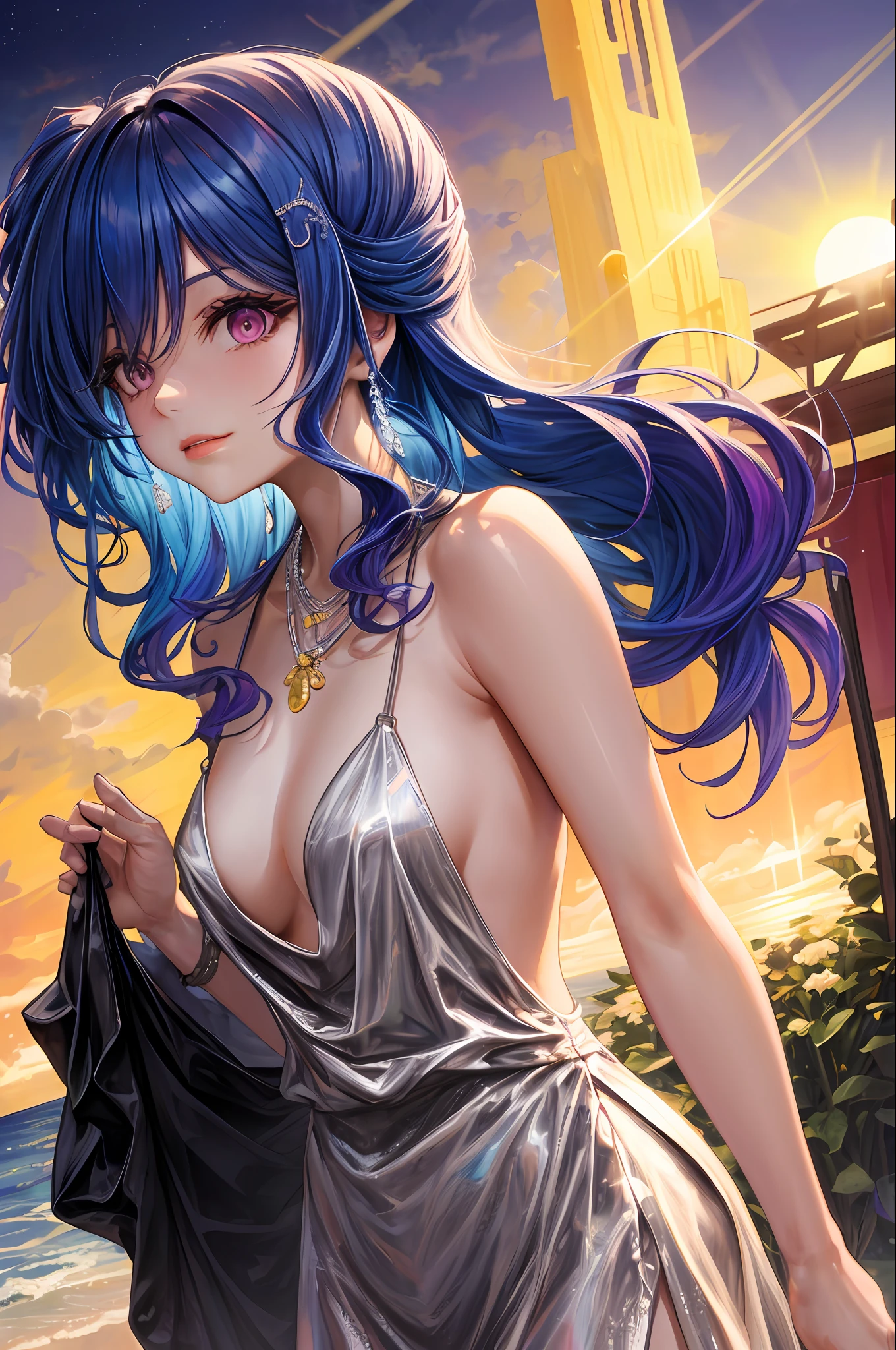 realisticlying，Three women，Blue hair，Purple eye，glowing light eyes，Cut the top，a skirt，parted lip，Be red in the face，the night，fresh flowers，suns，rays of sunshine，on cheongsam，Medium length hair，Realiy，Warm colors，Background color light，Daytime environment，Bright color background，sandbeach，the ocean，adolable，Violin soloist