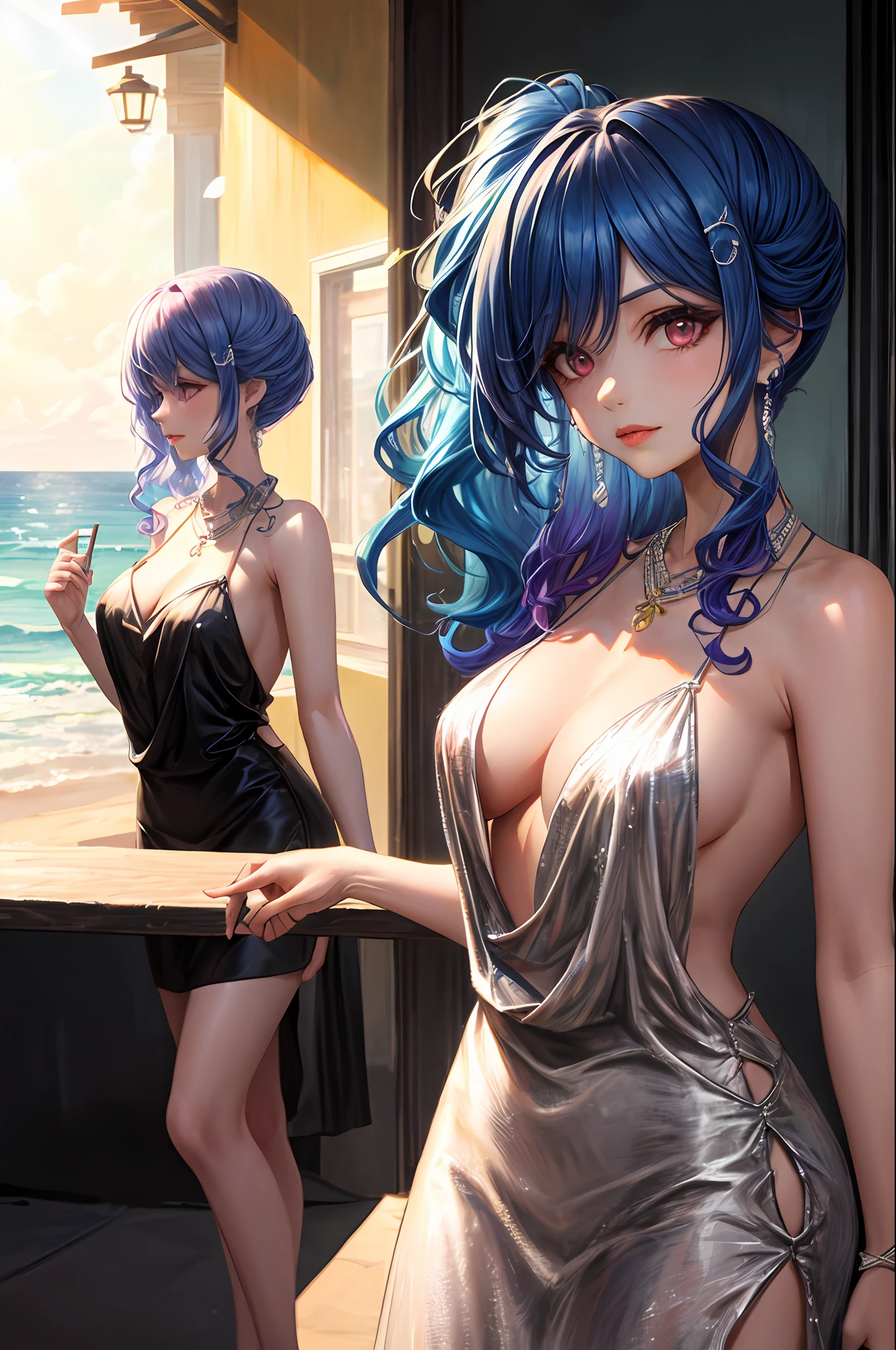 realisticlying,Three women,Blue hair,Purple eye,glowing light eyes,Cut the top,a skirt,parted lip,Be red in the face,the night,fresh flowers,suns,rays of sunshine,on cheongsam,Medium length hair,Realiy,Warm colors,Background color light,Daytime environment,Bright color background,sandbeach,the ocean,adolable,Violin soloist