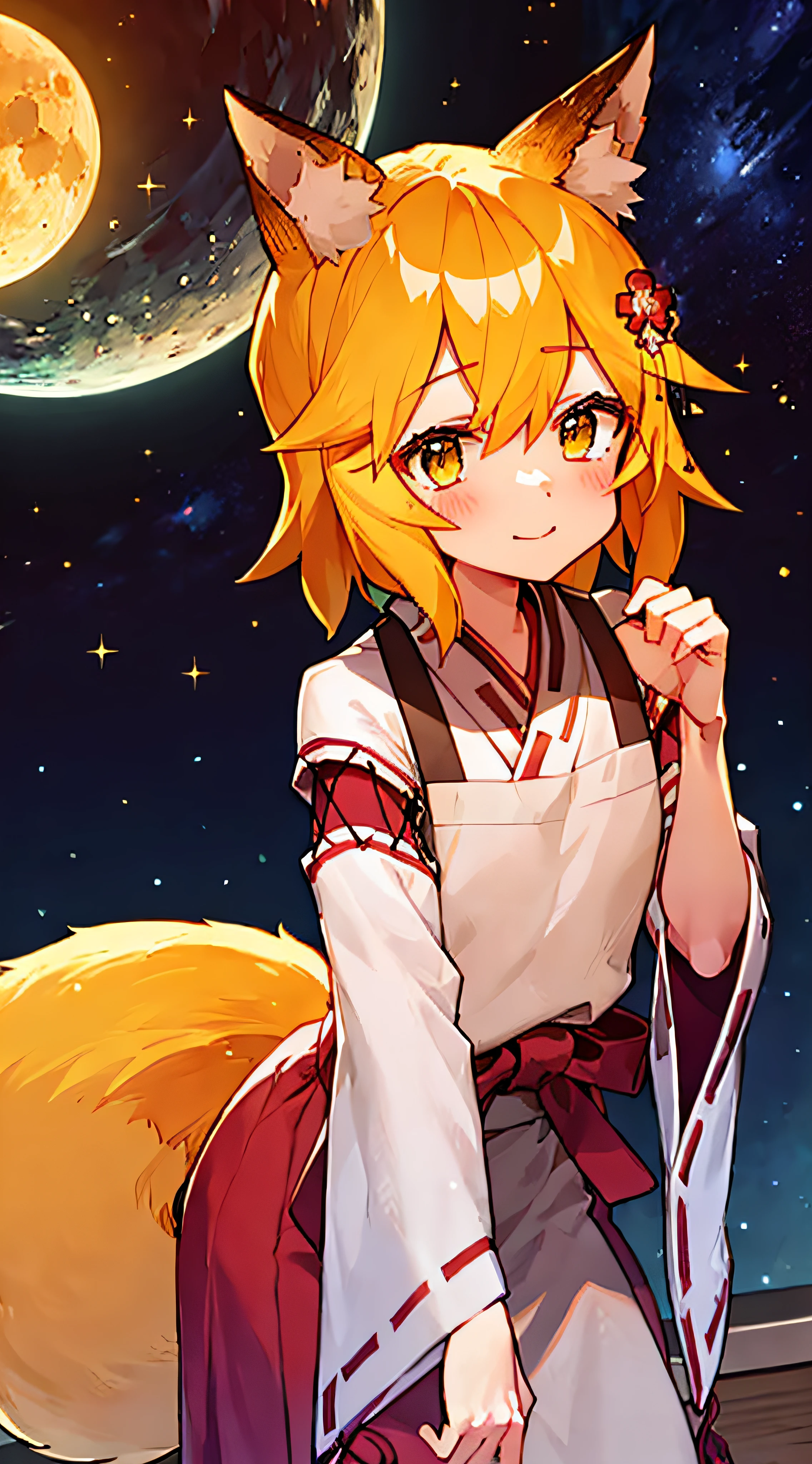Ultra-detailed starry night scene, extremely focused image, (detailed light: 1.05), a fox girl with orange hair, small stature, solo, kimono, miko, fox ears and tail, floral hair ornament, gazing up with wonder in her crisp, luminous emerald eyes, enchanted smile on her flawless face, dazzlingly clear night sky filled with two sharp, detailed moons, brilliantly vivid constellations swirl overhead, notes of rich purple, blue and green fill the crisp sky, representing her sense of awe and hope, elegant beauty, masterful depth, textures and details