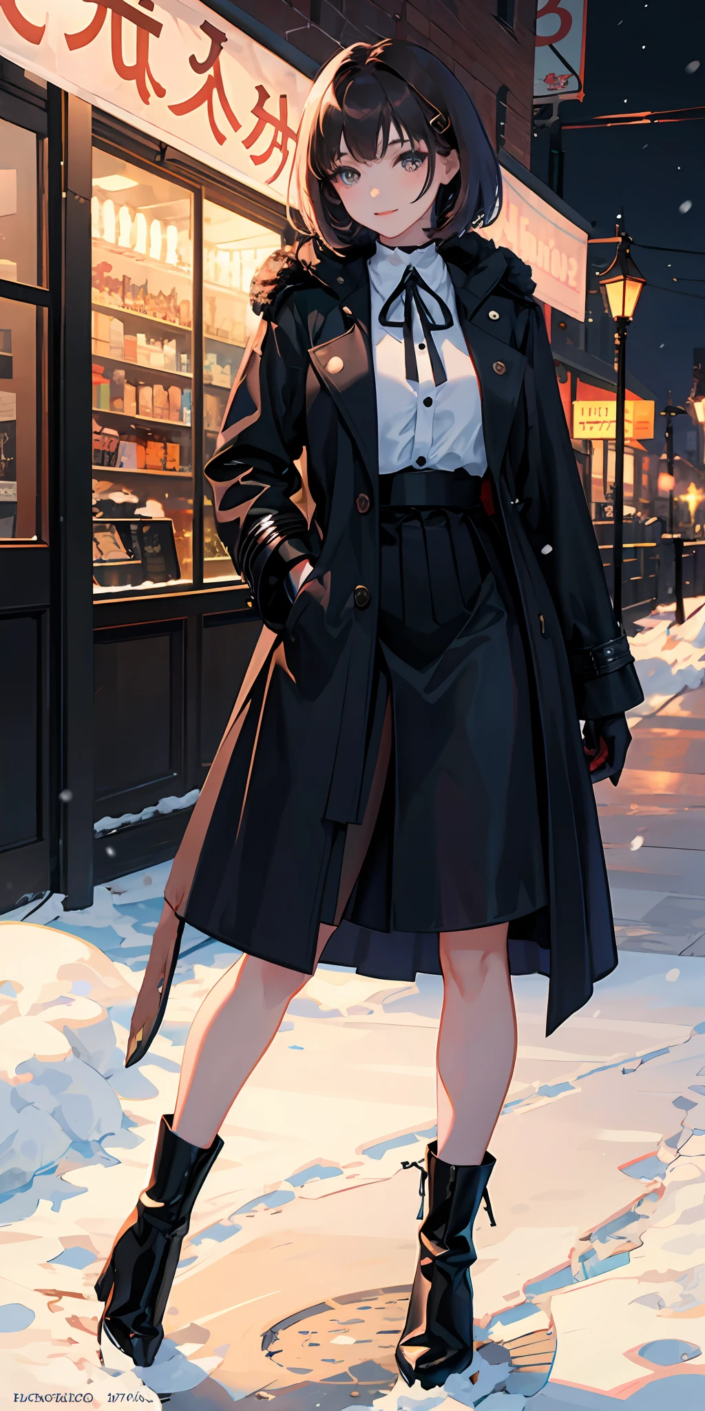 In the wild snow at night,1girll,brunette color hair,Medium and short hair,Black colored eyes,black greatcoat,White color blouse,a black pleated skirt,stocklings,leather boots,Gentle eyes,Enchanted smile,Be red in the face,naughty,8K,tmasterpiece,Wallpapers