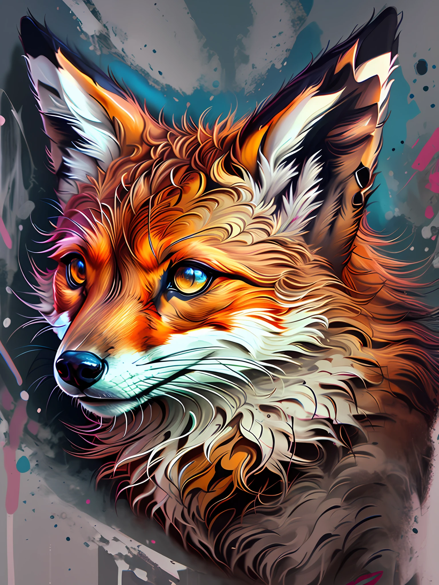 There's a fox looking at the camera, Highly detailed graffiti, in style of digital illustration, digital painting highly detailed, digital art. highly detailed, high quality digital painting, highly detailed digital art, Digital painting style