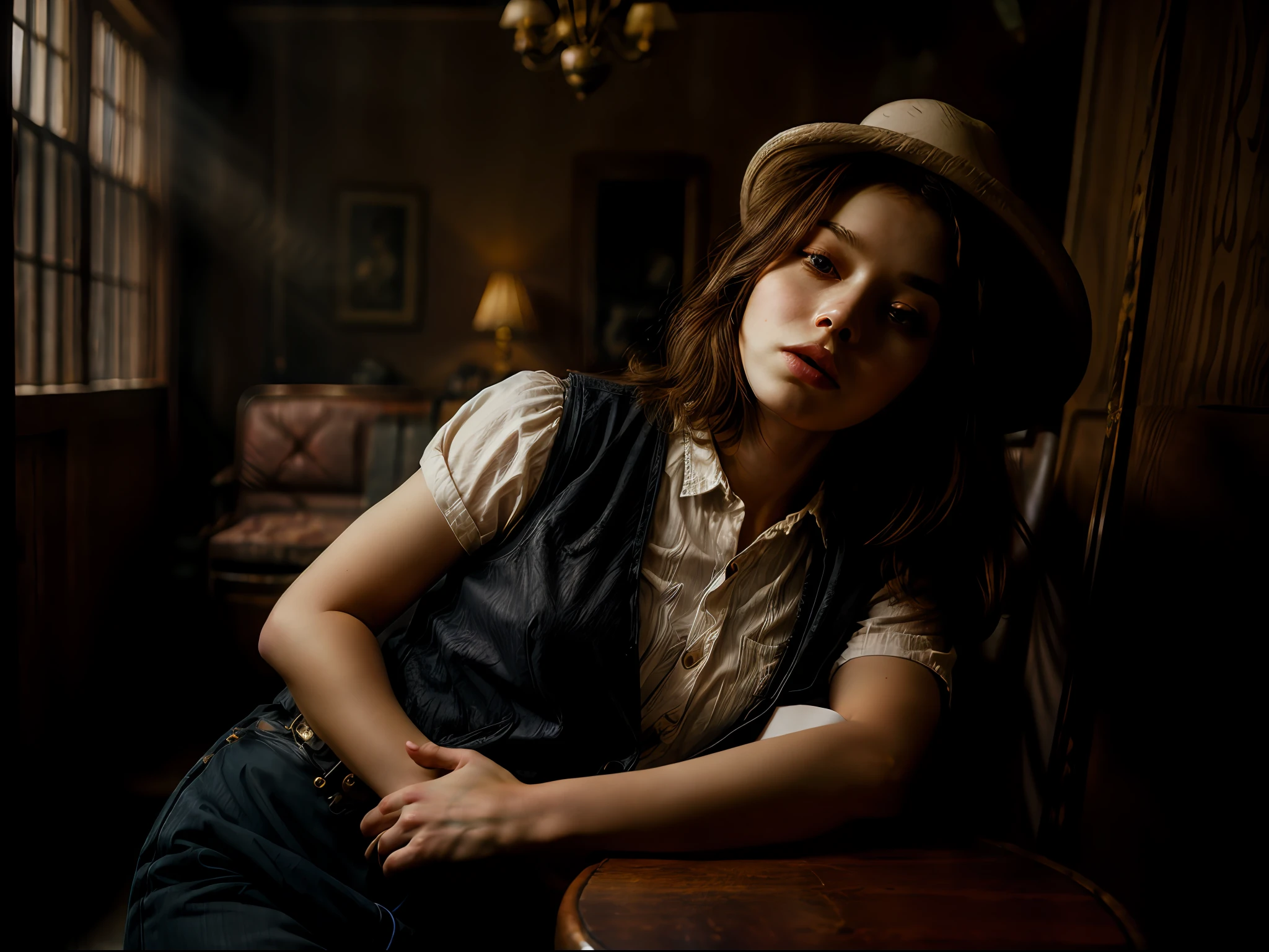(RAW photo), masterpiece, highest quality, 8k wallpapers, (photo realism: 1.4), (high resolution), super detailed, (realism: 1.2), (best quality: 1.3), a beautiful western woman with wavy blond hair, light blue eyes and dark eye shadow, eye liner, dressed in a white blouse, brown leather vest, brown cowboy hat, siting at a table in a poorly lit saloon, Smokey, poorly lit, soft light, backlit, micro-details, photorealism, photorealistic, cinematic light, cinematic, beautiful girls, dim lights,