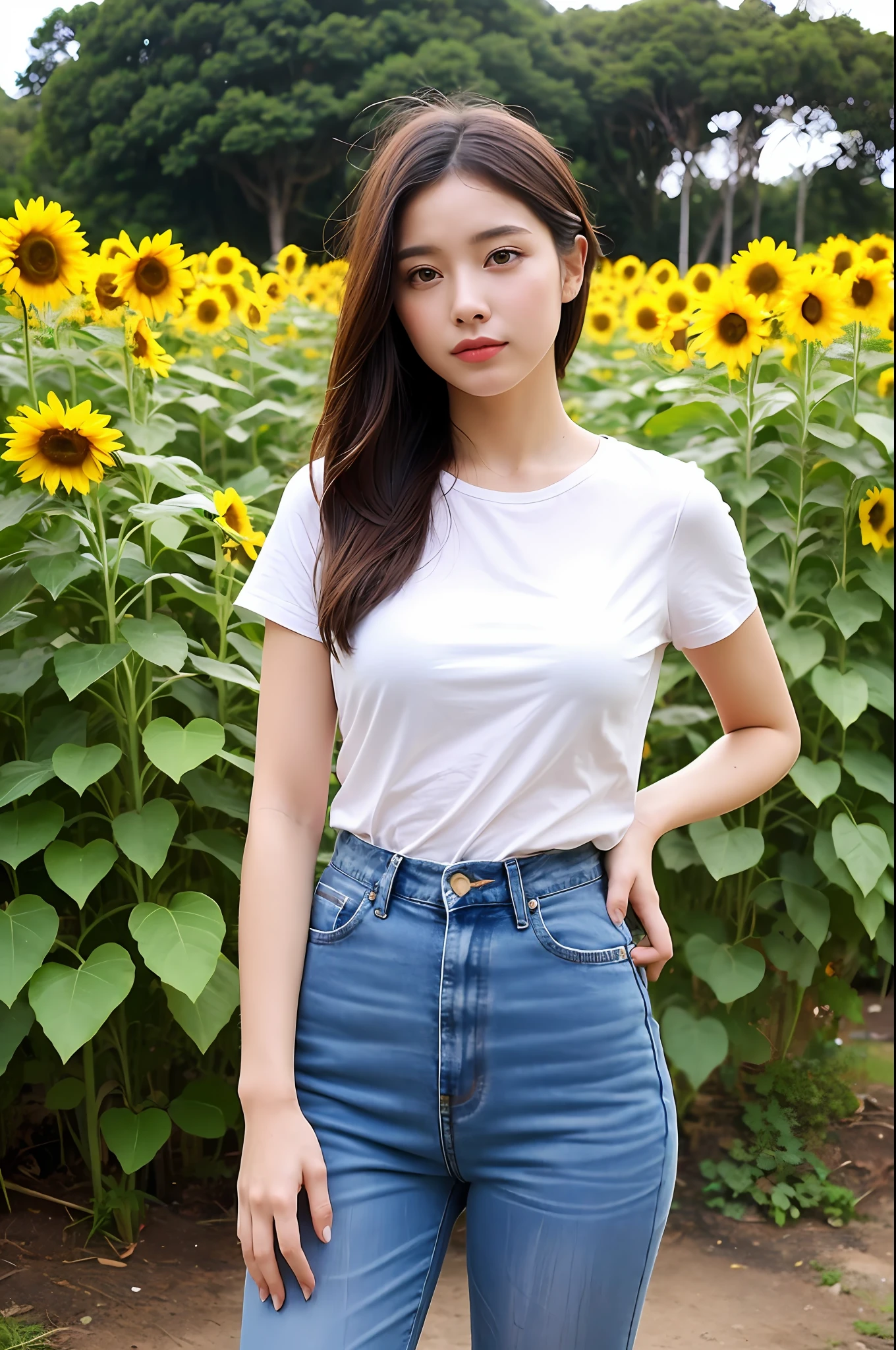 (corpo altamente detalhado, rosto altamente detalhado, melhor qualidade: 1.2), uma mulher, olhar para o espectador, (moletom, jeans), (campo amarelo de fundo: 1.4) sunflower plantation,por do sol no fundo,