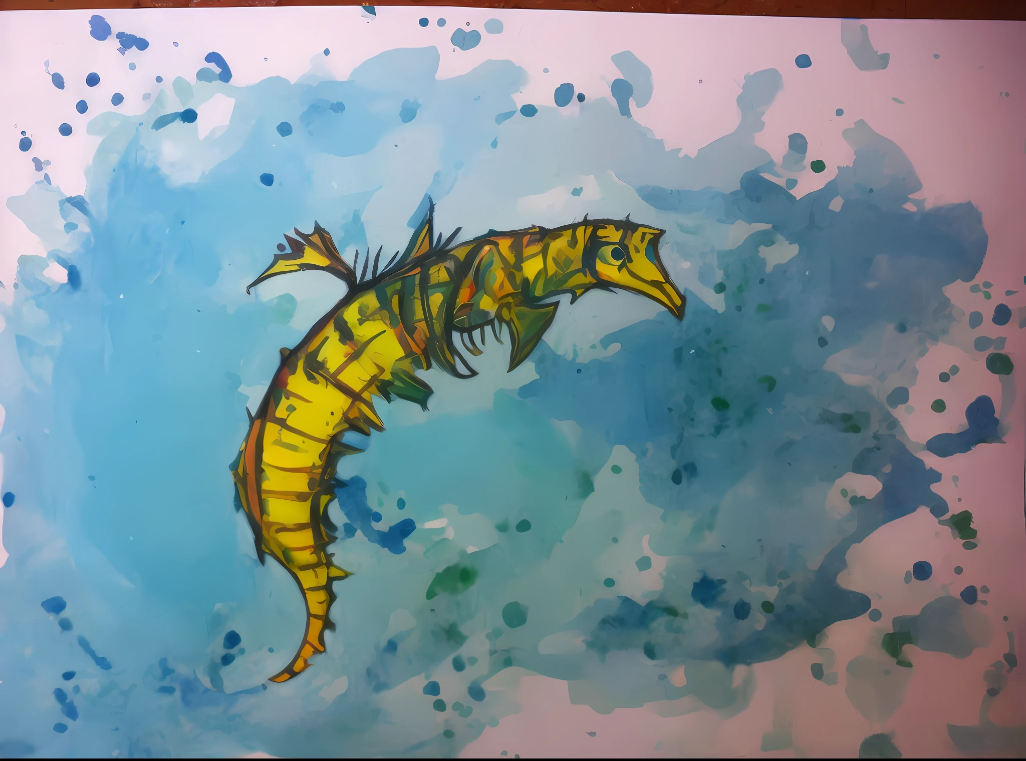 Caballito de mar, hiper realista, amarillo, definido, en medio del mar, parece acuarela, vivo, 8k, ultra definicion en todo, escamas