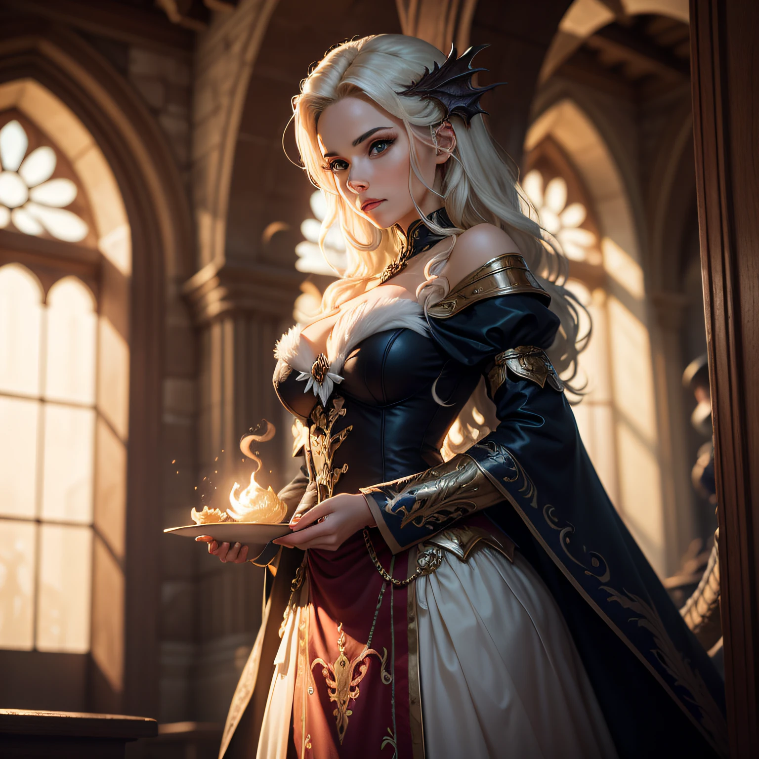 A magical castle is the setting for a grown woman, com cabelos longos brancos, com olhos azuis vestindo roupas brancas e douradas. The magic of a dragon of light adds a fantastic touch.