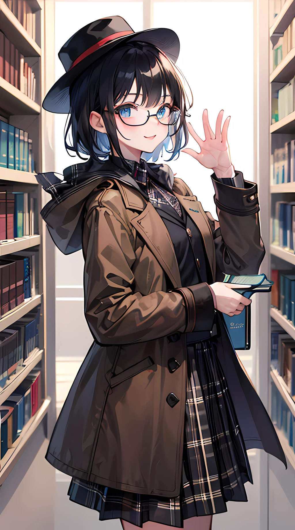 Read a book in the library，black color hair，Brown coat，Black plaid skirt，Brought a brown hat，Wear glasses，Holding a book in his left hand，Wave hello with your right hand，The lips smiled，eyes with brightness，Humanity，adolable。