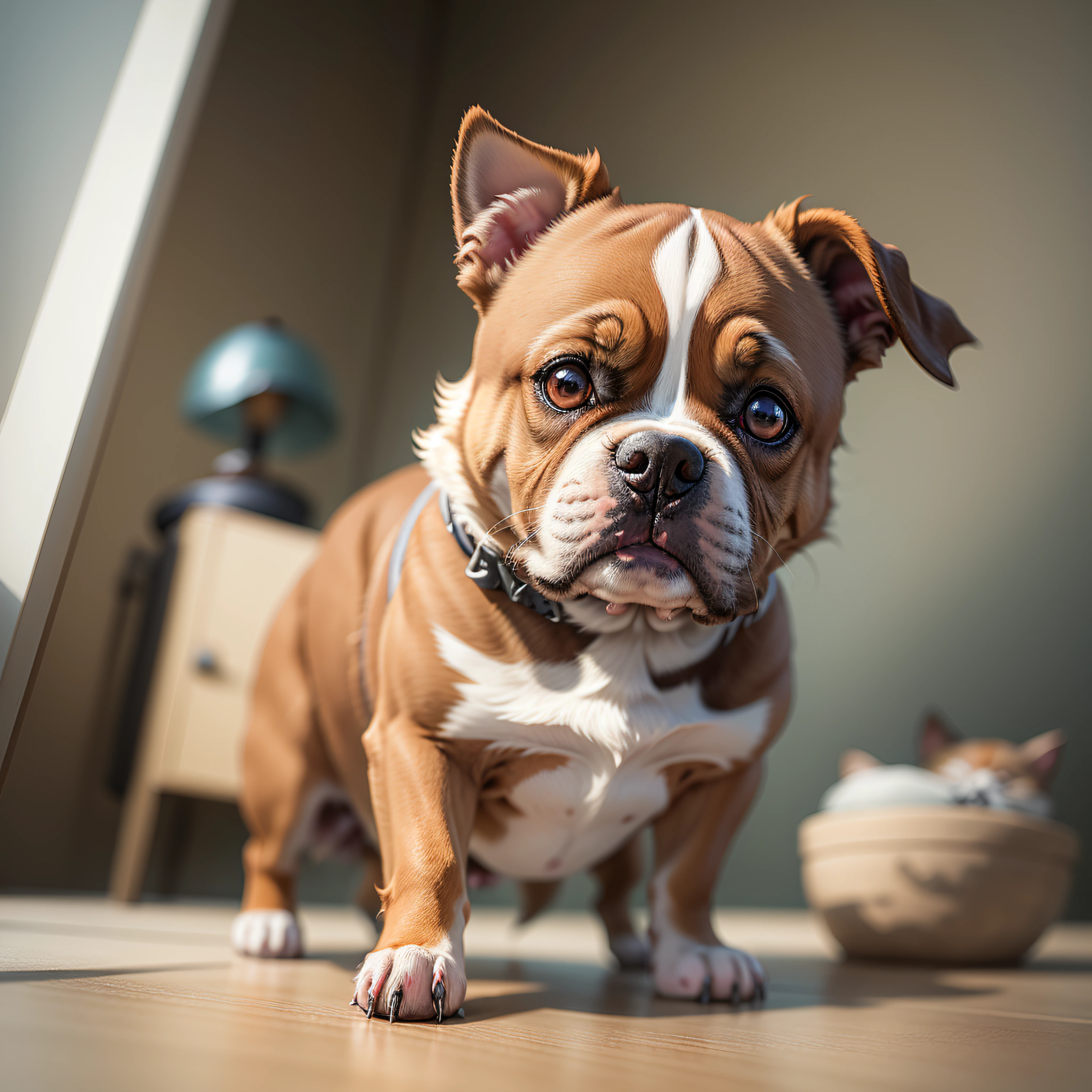 Introduction and introduction of the main character, a small and adorable boxer dog, solar warm light