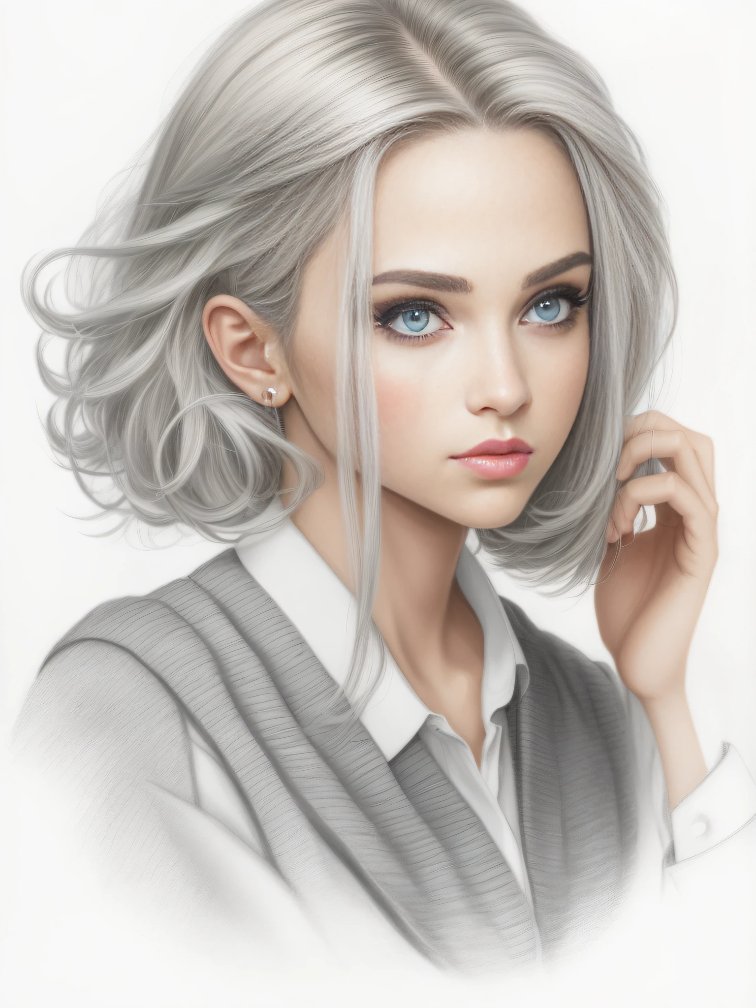 Make it look like it was drawn in pencil and painted by a decent artist, flor no cabelo, Olhos bonitos e boca carnuda,SilverGray