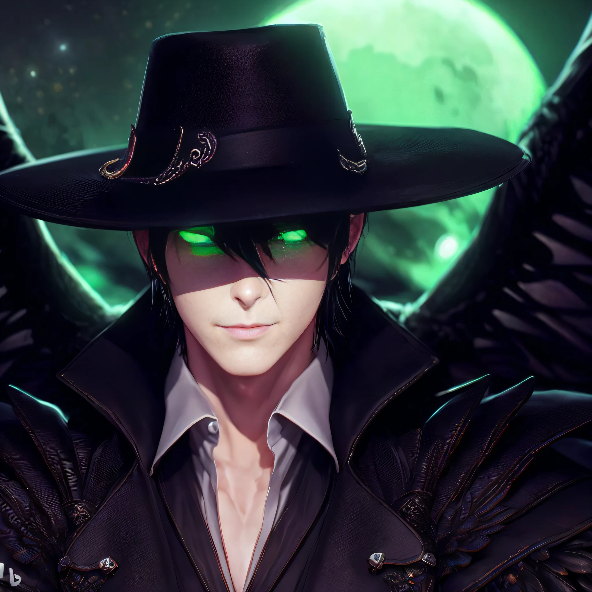 handsome man with black hair, soft detailed dark green emerald eyes, soft smile, black detailed demon wings, wearing green zorro clothes, black hat, imposing, epic anime villain night fullmoon scene, gothic, surreal, unfathomed, masterpiece, best quality, ultra realistic, ultra detailed textures and pixels, ultra detailed face, trending on pinterest, high quality, by A-1 Pictures Studio, 8k perfect ultra detailed anime art by professionals artists lw