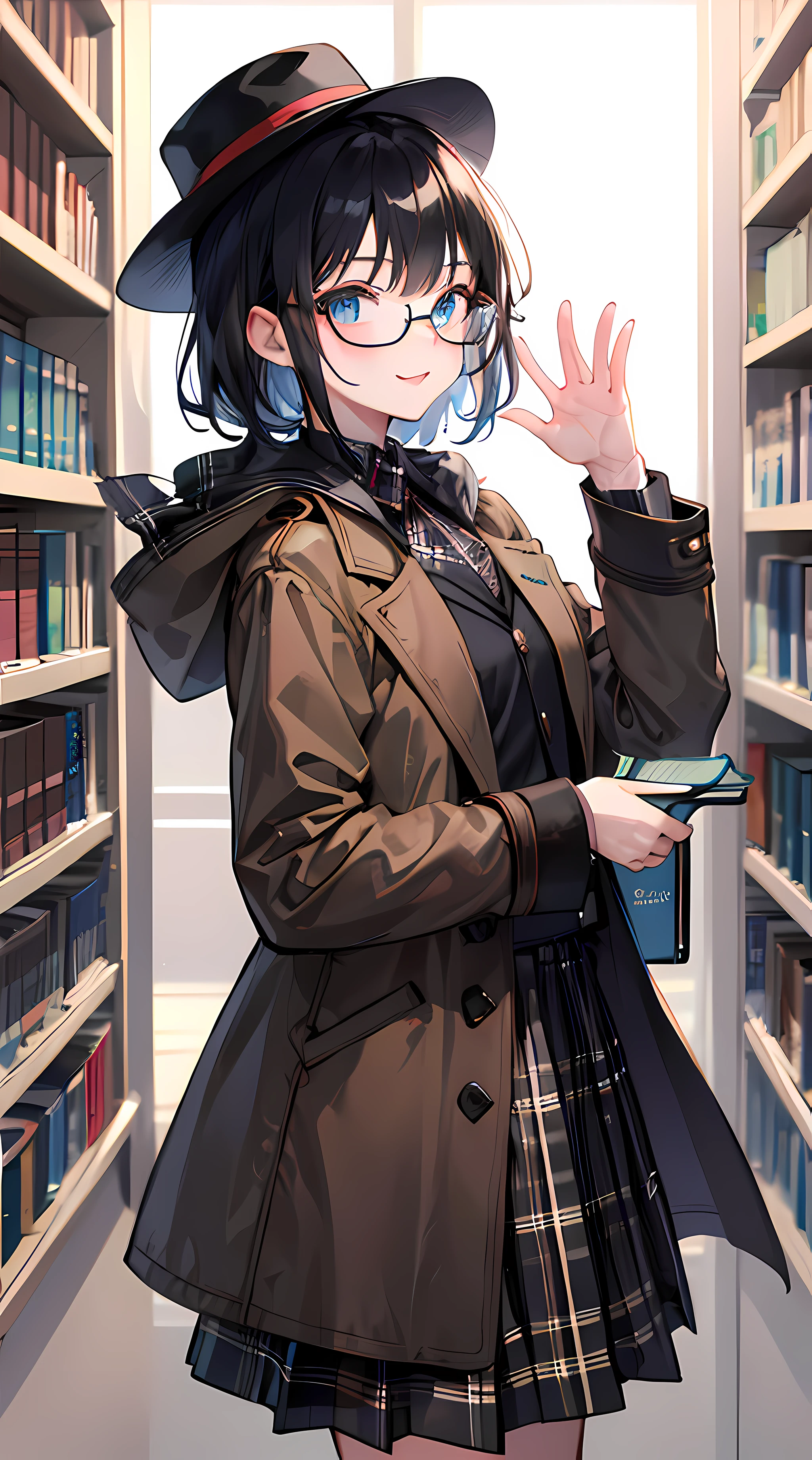 Read a book in the library,black color hair,Brown coat,Black plaid skirt,Brought a brown hat,Wear glasses,Holding a book in his left hand,Wave hello with your right hand,The lips smiled,eyes with brightness,Humanity,adolable。