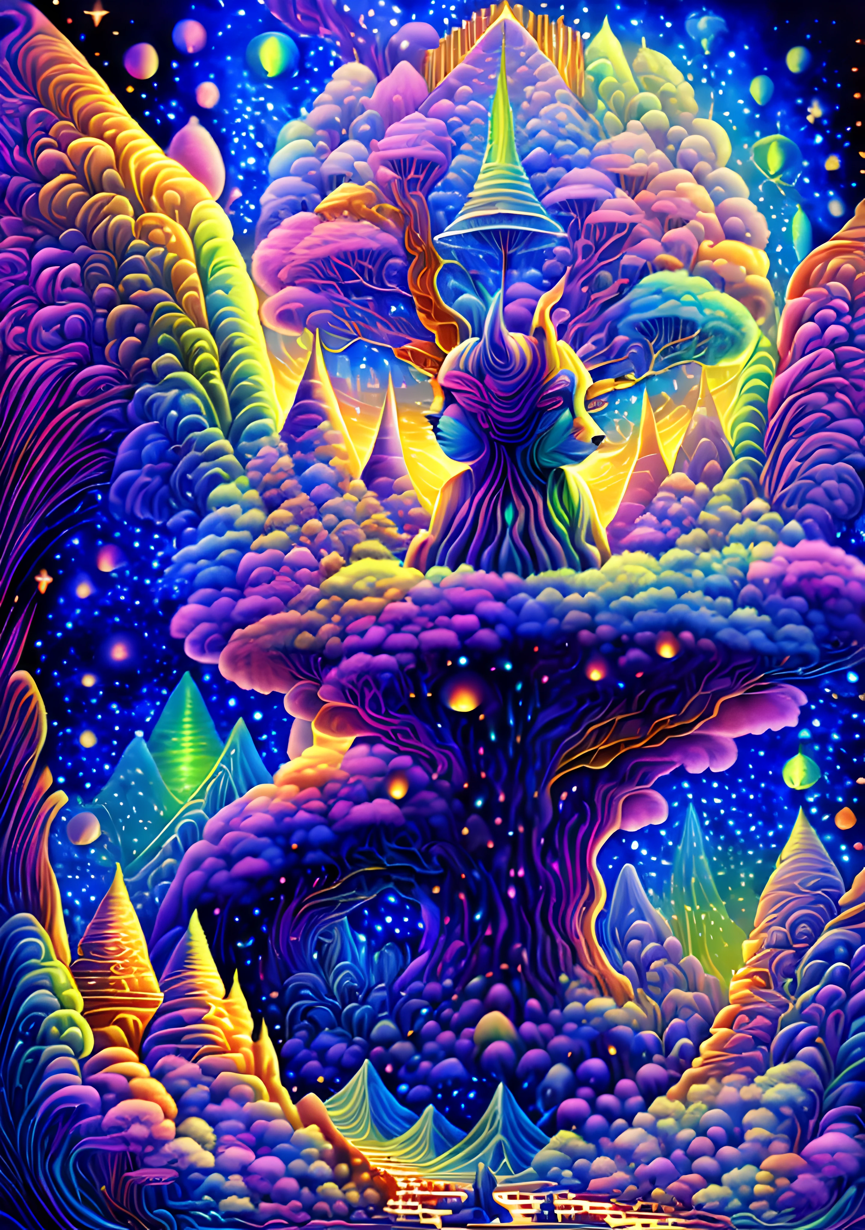 masterpiece, beautiful psychedelic entropy,best surreal masterpiece, top quality, best quality, official art, beautiful and aesthetic:1.2) , green skin godess and god standing on top of a mountain top holding eachother ,whole body and legs,below are a eguptian  sphinx and pharao,many stars and galaxies in the background ,extreme detailed,colorful,highest detailed, official art, gold leaf ,glitter art ,unity 8k wallpaper, ultra detailed, beautiful and aesthetic, beautiful,fractal art, mystical and otherworldly, with intricate fur and piercing eyes, in the breathtaking mountain landscape of NCWinters ,alex grey ,psychedelic, dmt PsyAI