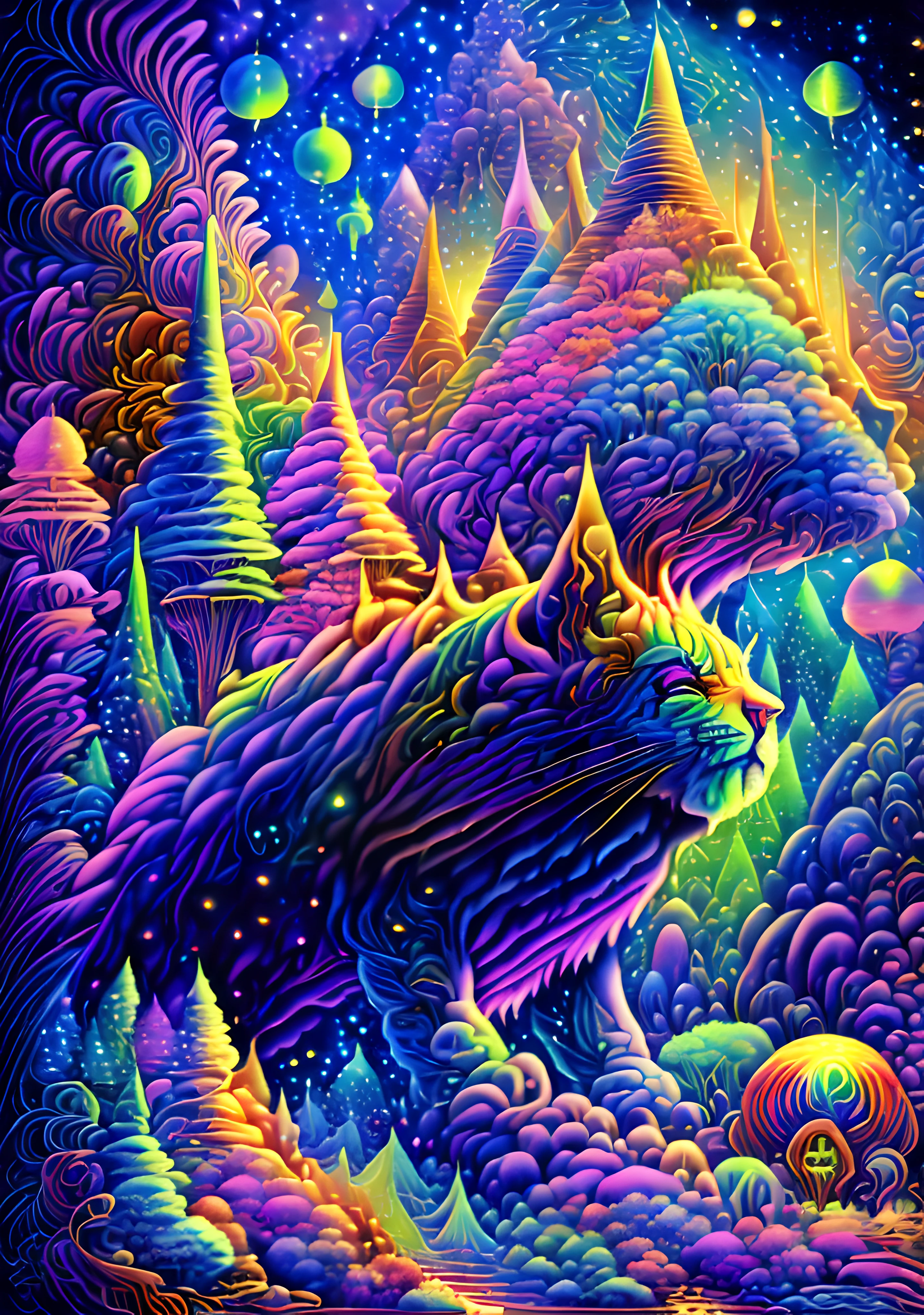 masterpiece, beautiful psychedelic entropy,best surreal masterpiece, top quality, best quality, official art, beautiful and aesthetic:1.2) , green skin godess and god standing on top of a mountain top holding eachother ,whole body and legs,below are a eguptian sphinx and pharao,many stars and galaxies in the background ,extreme detailed,colorful,highest detailed, official art, gold leaf ,glitter art ,unity 8k wallpaper, ultra detailed, beautiful and aesthetic, beautiful,fractal art, mystical and otherworldly, with intricate fur and piercing eyes, in the breathtaking mountain landscape of NCWinters ,alex grey ,psychedelic, dmt PsyAI