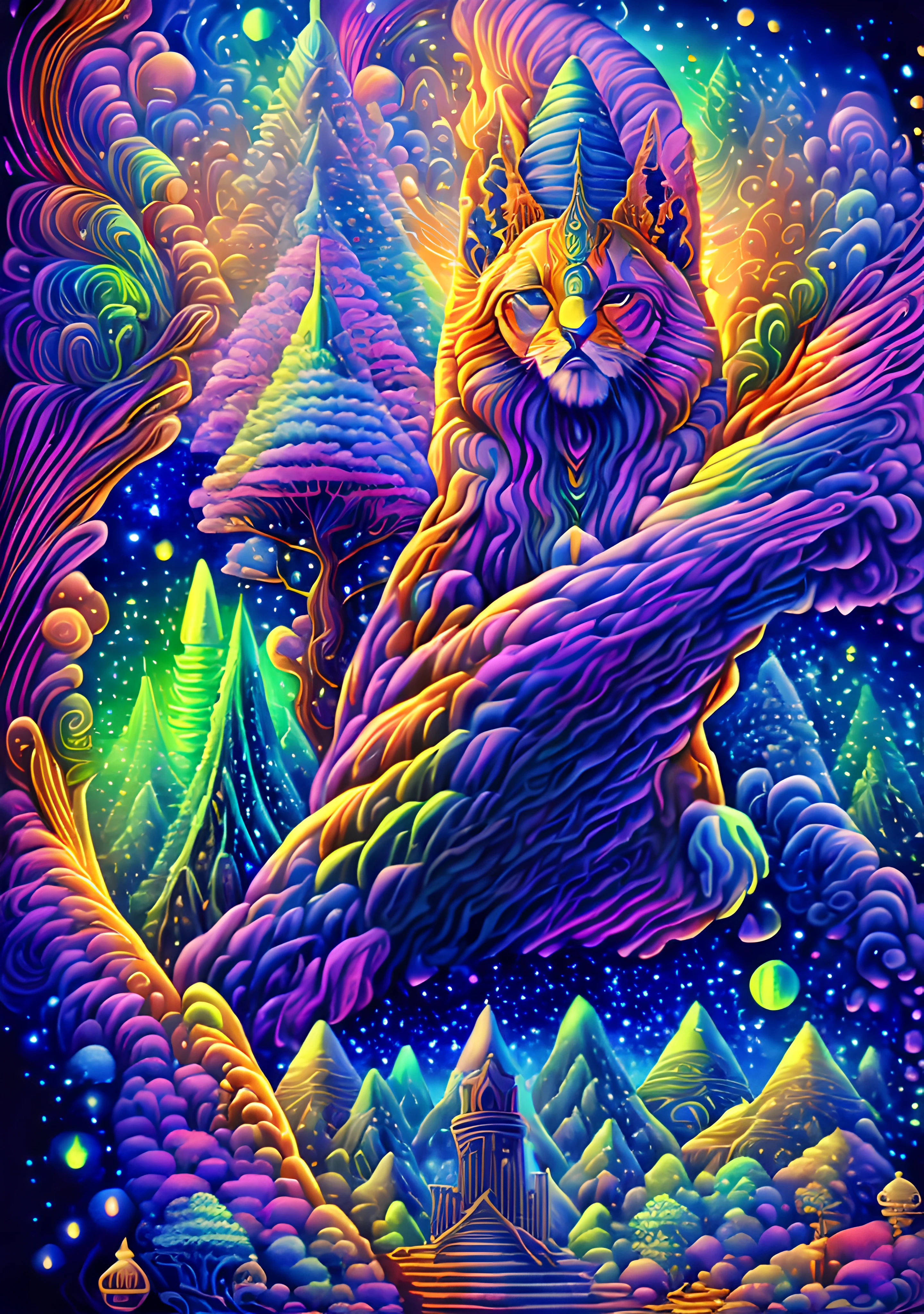 masterpiece, beautiful psychedelic entropy,best surreal masterpiece, top quality, best quality, official art, beautiful and aesthetic:1.2) , green skin godess and god standing on top of a mountain top holding eachother ,whole body and legs,below are a eguptian  sphinx and pharao,many stars and galaxies in the background ,extreme detailed,colorful,highest detailed, official art, gold leaf ,glitter art ,unity 8k wallpaper, ultra detailed, beautiful and aesthetic, beautiful,fractal art, mystical and otherworldly, with intricate fur and piercing eyes, in the breathtaking mountain landscape of NCWinters ,alex grey ,psychedelic, dmt PsyAI