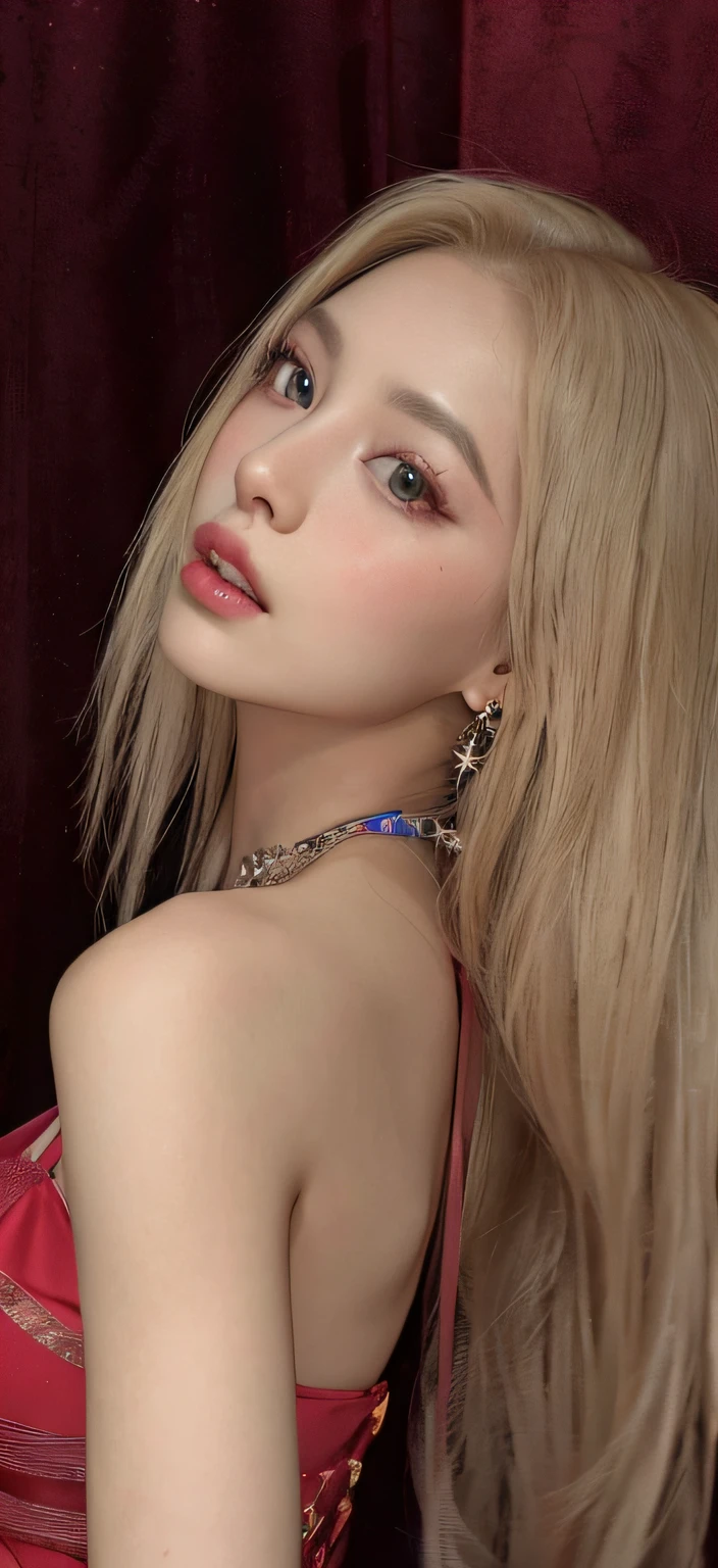 blond woman with long hair wearing a red dress and earrings, portrait of jossi of blackpink, roseanne park of blackpink, ava max, captured on canon eos r 6, cl, sun yunjoo, jossi of blackpink, lalisa manobal, blackpink jennie, angie glocka, heonhwa choe, lalisa manoban of blackpink, masterpiece, 8k, cleavage, big boobs, bust detail, hair detail, eye detail