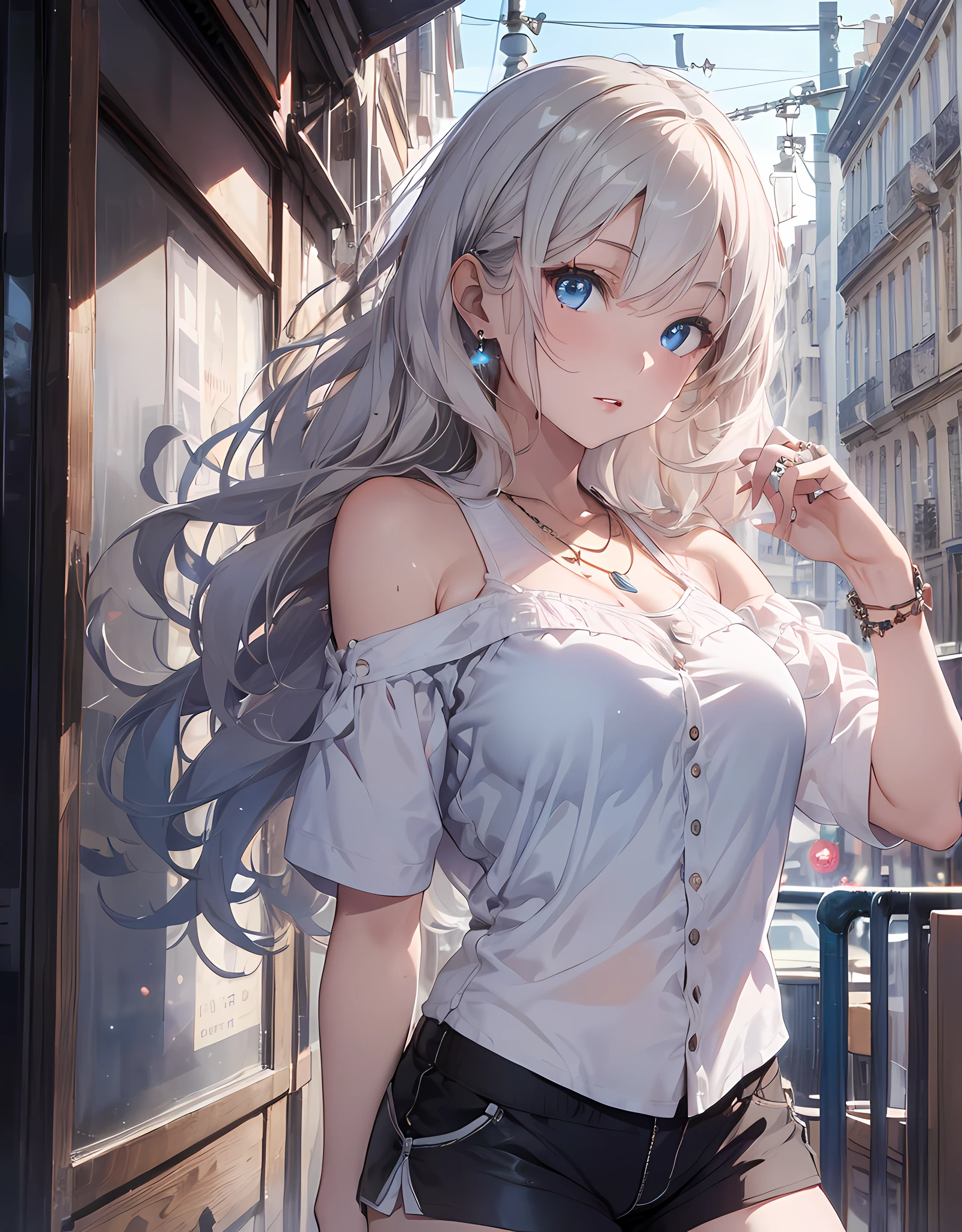 1girl, (solo:1.2), ((masterpiece)), [slim], (large breasts:1.27), (pale skin:1.3), ((detailed blue eyes)), (bokeh effect), (dynamic angle), dynamic pose, Paris cozy cafe, starry brown eyes, chestnut with wavy hair, bangs, (white bare shoulder silk shirts and a shorts:1.3), necklace, ring earing, pink lip gloss,