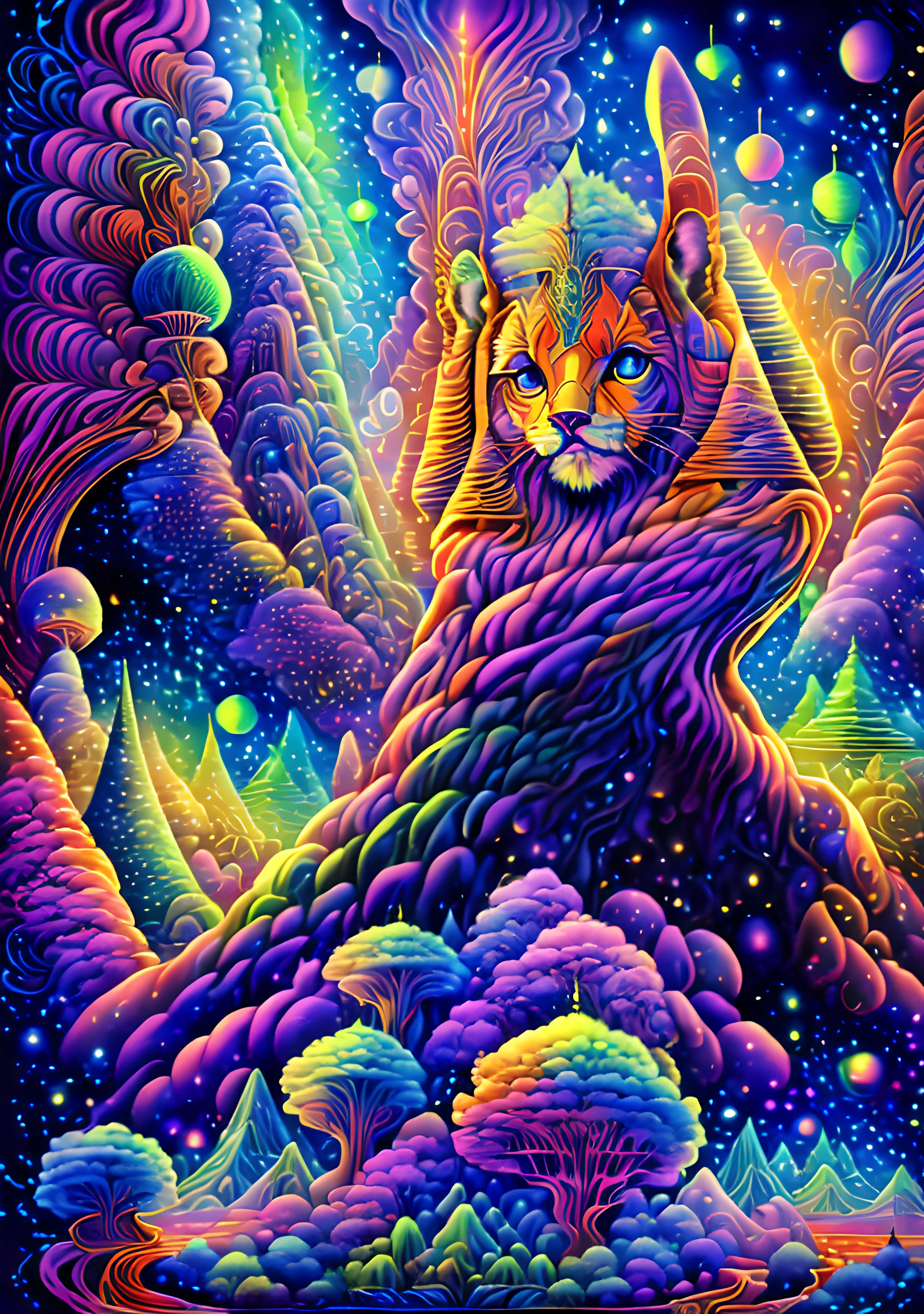 masterpiece, beautiful psychedelic entropy,best surreal masterpiece, top quality, best quality, official art, beautiful and aesthetic:1.2) , green skin godess and god standing on top of a mountain top holding eachother ,whole body and legs,below are a eguptian  sphinx and pharao,many stars and galaxies in the background ,extreme detailed,colorful,highest detailed, official art, gold leaf ,glitter art ,unity 8k wallpaper, ultra detailed, beautiful and aesthetic, beautiful,fractal art, mystical and otherworldly, with intricate fur and piercing eyes, in the breathtaking mountain landscape of NCWinters ,alex grey ,psychedelic, dmt PsyAI