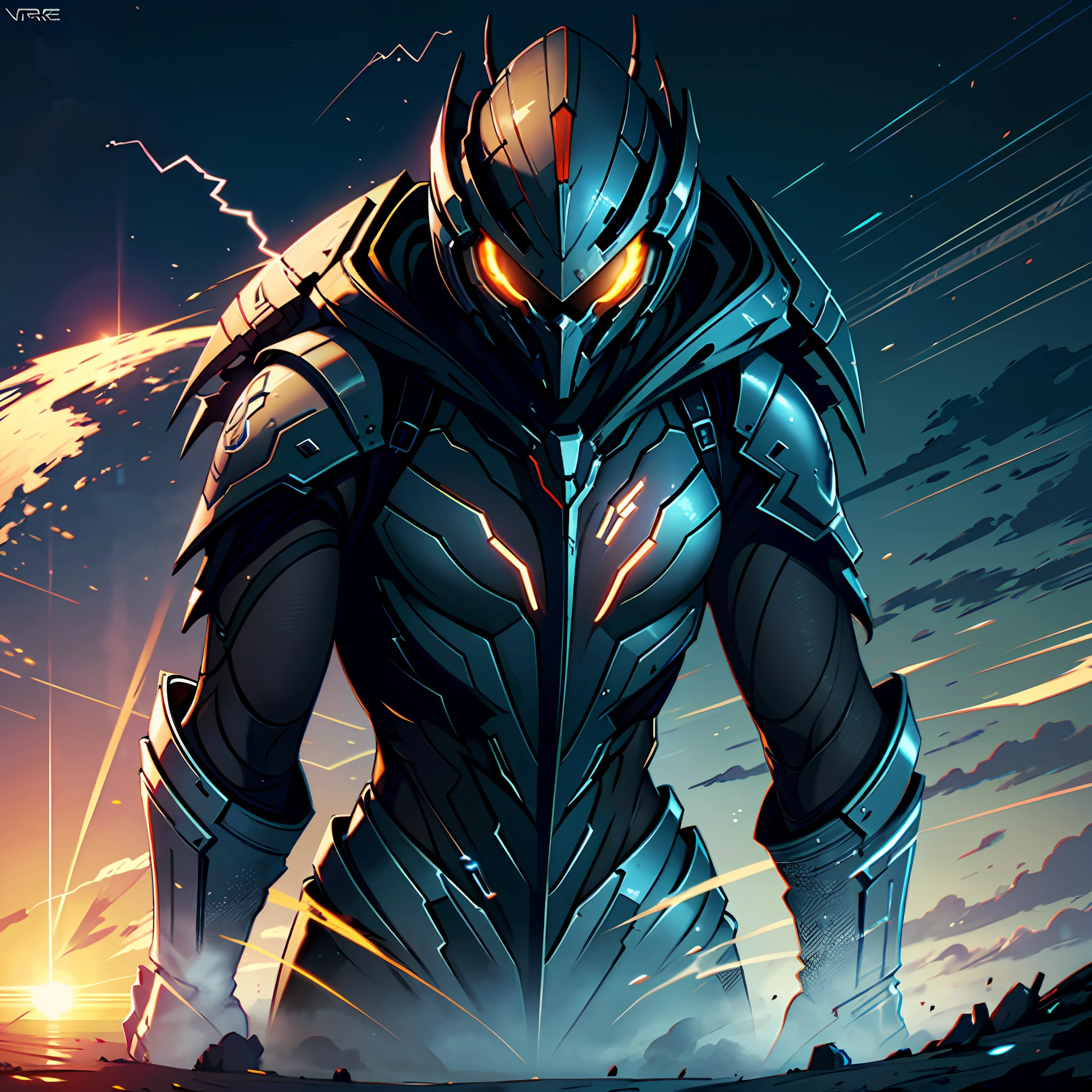 A warframe overlooking the Earth,There is lightning around you,The sun shines on the body,ultra-realistic realism。Lonely warrior --auto