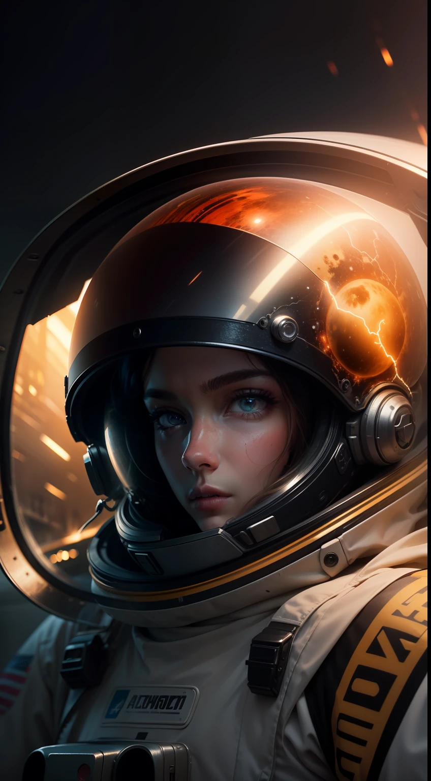 neon-ground-astronaut scifi style, male human figure in astronaut suit, medium shot, fog around, glowing helmet, planets reflected in helmet visor dynamic lighting in red tones, cinematic photography atmospheric lighting, hyperdetail features, color tracing lightning, high reflection, 3D, cinematic lighting, dark shadows, unrealistic engine 5 rendering, hyperdetail, trending in artstation, 4k, extremely high detail, ultra hd, hdr, 8k, extremely high detail
