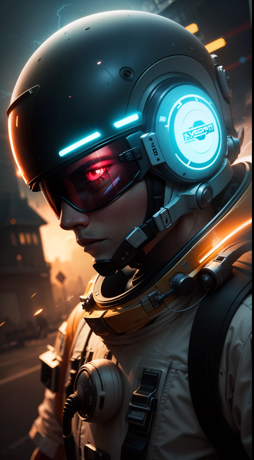 neon-ground-astronaut scifi style, male human figure in astronaut suit, medium shot, fog around, glowing helmet, planets reflected in helmet visor dynamic lighting in red tones, cinematic photography atmospheric lighting, hyperdetail features, color tracing lightning, high reflection, 3D, cinematic lighting, dark shadows, unrealistic engine 5 rendering, hyperdetail, trending in artstation, 4k, extremely high detail, ultra hd, hdr, 8k, extremely high detail