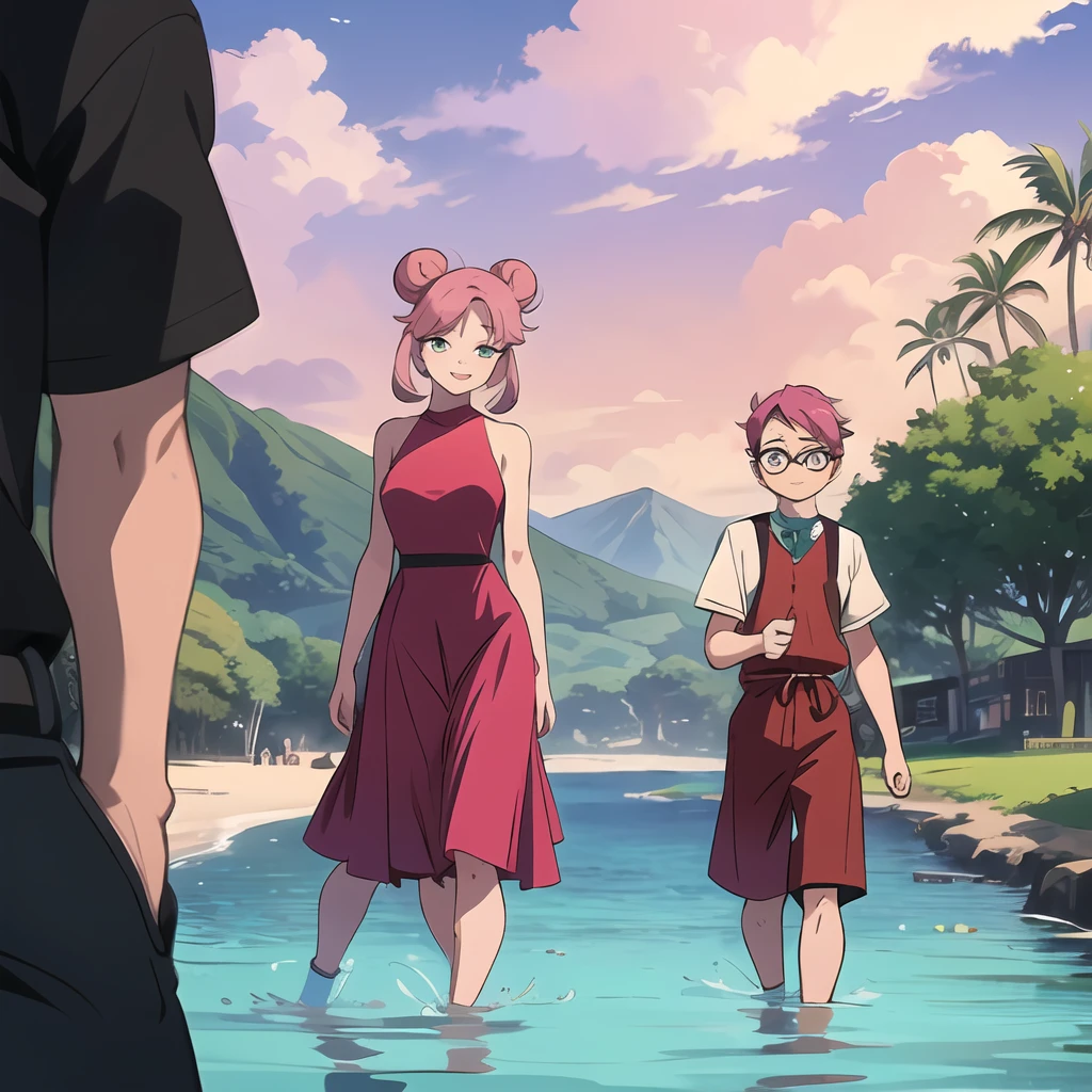 smile, 1 boy and 1 girl, 1 young and shorty boy with mullet haircut, he is cute, slim and small like 5 feet tall, next to him a young, shy, beautifull and tall girl with small eyes, she is like 6 feet tall, "Side buns" pink pigtails hair, ((girl glasses)), big lips, vintage 90's anime, walking in the streets of Hawaii, esmerald and turquesa colors landscape; pastel green water, theres just 2 persons in the scene, higly detailed faces, well drawing hands