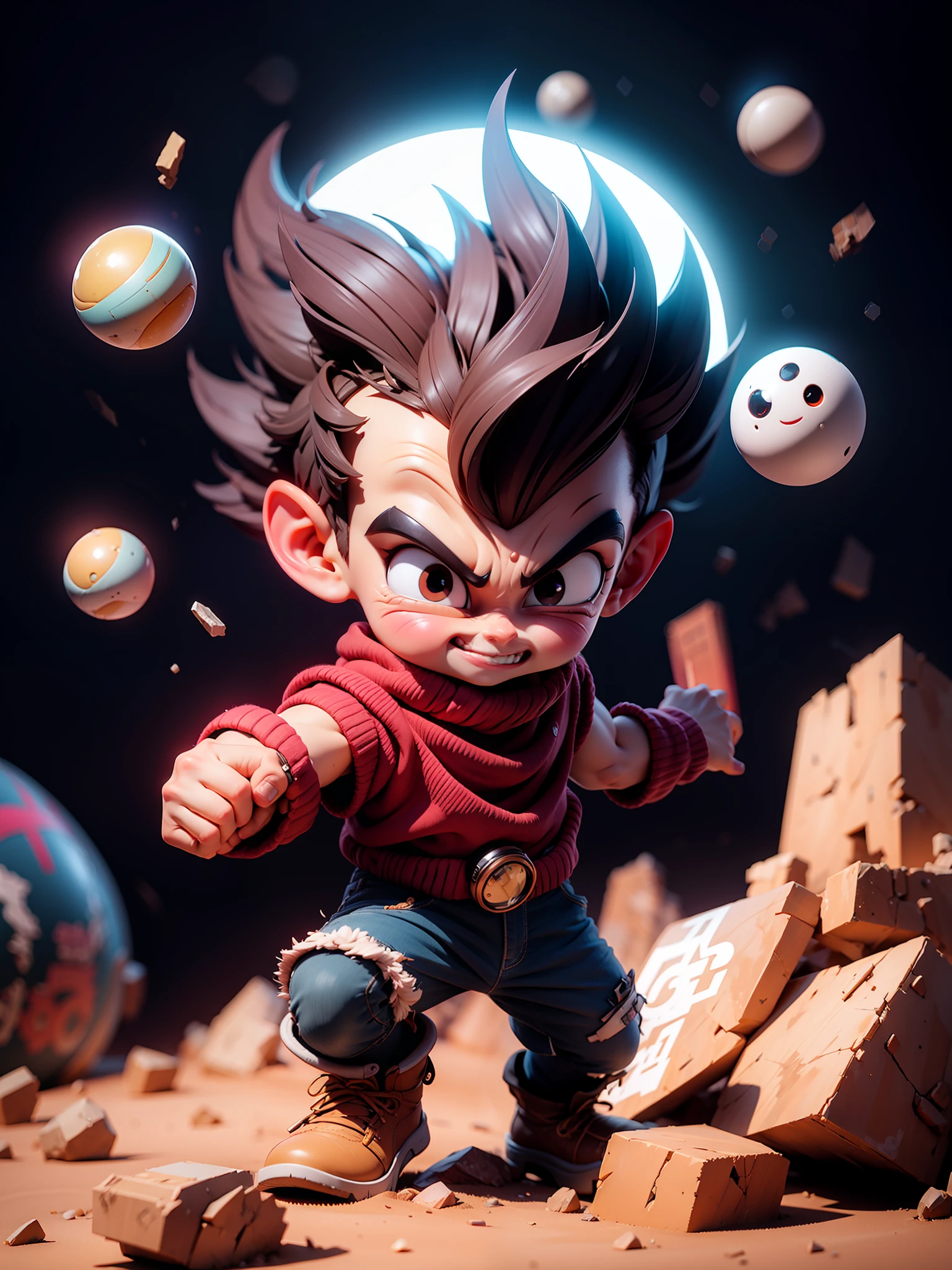 tmasterpiece， Best quality at best， ultra - detailed， Adult Vegeta 1boy， 独奏， full bodyesbian， evilsmile， whaite hair， spiked hair， （（（red eyes）））， （（（perfect  eyes）））， （（（Purple Dougie）））， full bodyesbian， looking at viewert， malefocus， planet earth\（planetes\）， planetes， the space， Cracked ground and many rocks rise， A lot of debris rises， perfect hand.adolable，tchibi，
