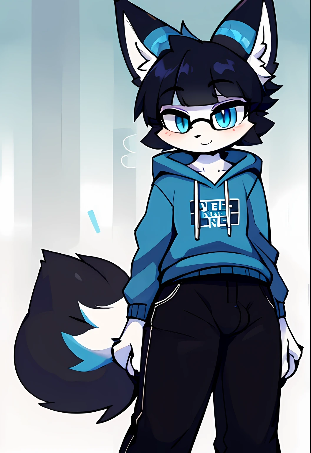 best qualtiy，hairy pubic，Ultra-fine fur，黑The eye，独奏，shaggy male，underage，Full Body Furry，Fluffy fur，Black color hair，White paws，Blue-white fur，Dark blue sweatshirt，Long black pants，grey ears，Gradient hair，multicolored hair，Black glasses，Fluffy tail，red striped，short detailed hair，Blunt bangs，hooding，Nudy，hyper cute face，reference sheet